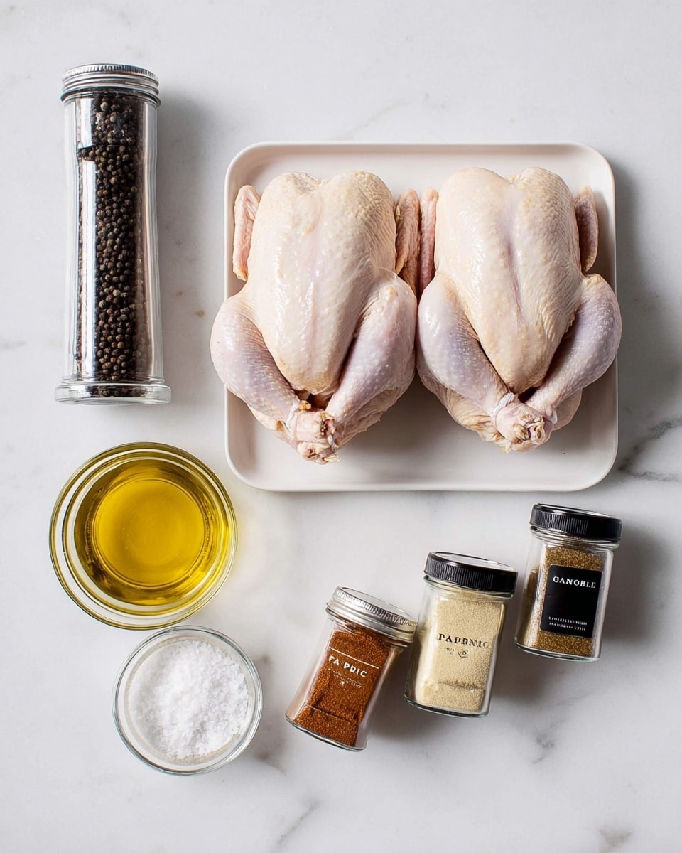 Two raw whole small chickens with pale pink skin lie side by side on a white foam tray placed at the center on a white marbled surface. Around them are five items: a tall clear pepper grinder full of black peppercorns on the top left, a small clear glass bowl with white coarse salt below it, a clear glass bowl filled with golden olive oil to the right of the salt, and two small clear spice jars with black lids on the right side of the chickens; the top jar labeled