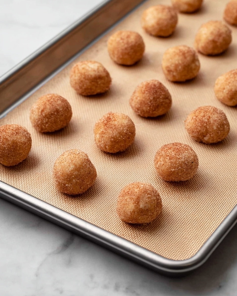 A metal tray lined with a beige silicone baking mat is shown with four rows of small round dough balls spaced evenly apart. Each dough ball is light golden brown with a slightly rough texture, coated in a fine layer of cinnamon sugar. The surface beneath the tray is a white marbled texture. The dough balls are uniform in size and shape, suggesting they are ready to be baked. Photo taken with an iphone --ar 4:5 --v 7
