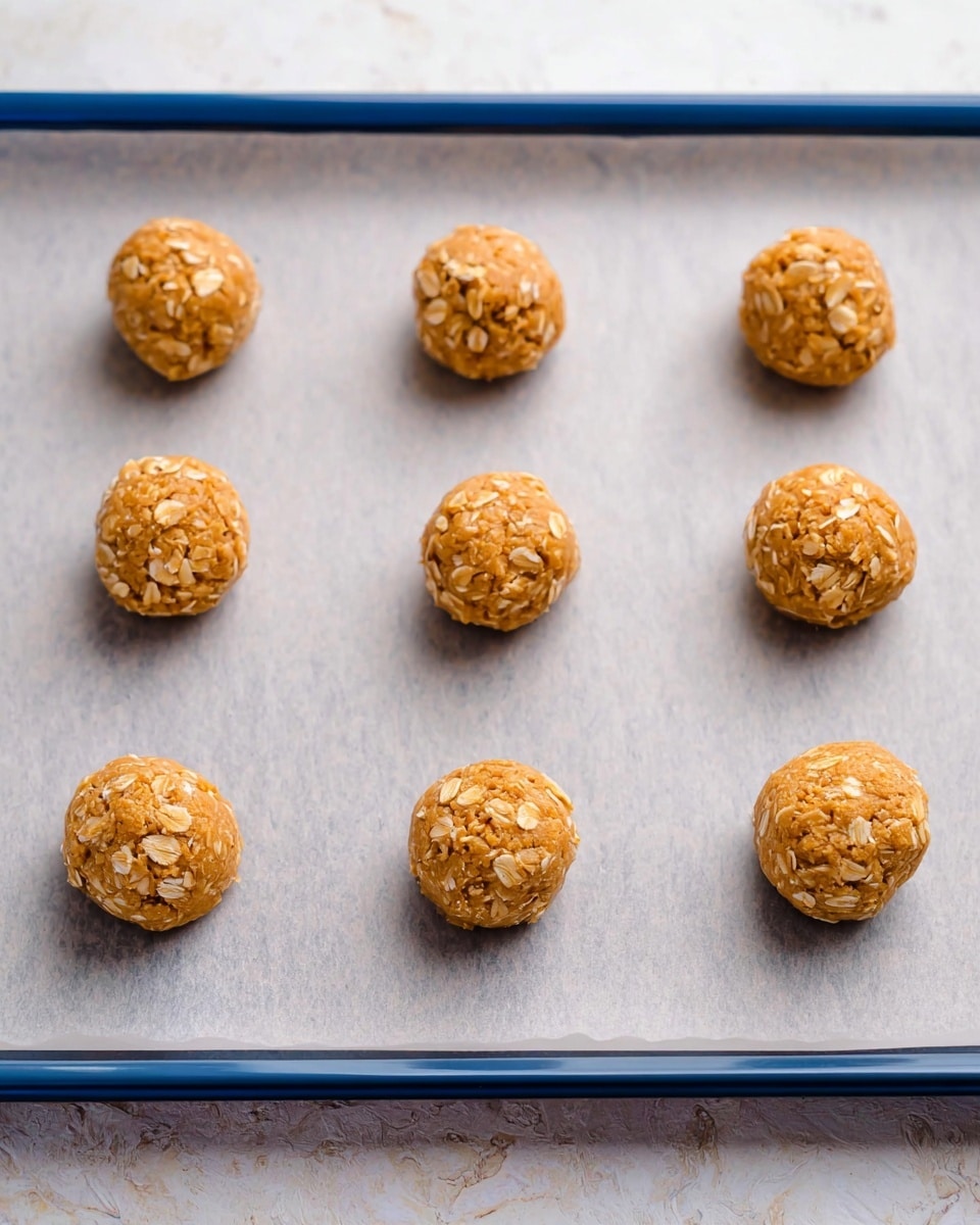 This image shows nine raw cookie dough balls evenly spaced on a baking tray lined with light gray parchment paper. Each dough ball is round with a rough texture and a light brown color with visible oatmeal flakes. The baking tray edges are blue, and the background surface has a white marbled texture, giving a clean and simple look. Photo taken with an iphone --ar 4:5 --v 7