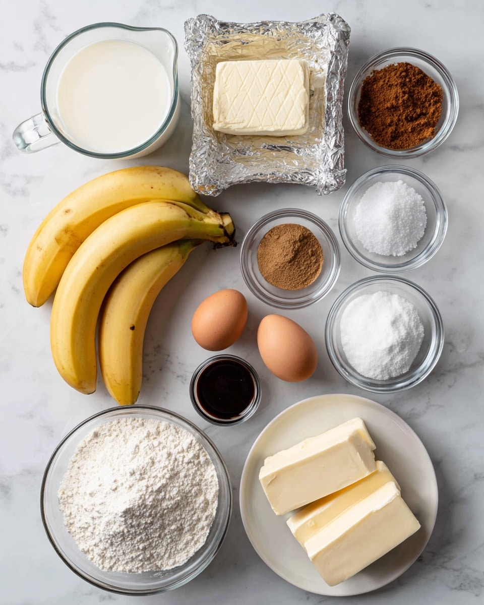 The image shows a white marbled surface with a clear glass measuring cup filled with milk at the top left, next to a rectangular block of cream cheese on foil. To the right, small clear glass bowls hold brown sugar, white granulated sugar, and salt. Below the sugar bowls, there are glass jars with cinnamon and salt and a small dark bottle of vanilla extract. In the center, three yellow bananas rest in a cluster. On the bottom left, a clear glass bowl is filled with white flour and beside it are three brown eggs. Next to the eggs, two sticks of wrapped salted butter lay flat. At the bottom right, a clear glass bowl contains white powdered sugar. All items are neatly arranged with clear spacing. Photo taken with an iphone --ar 4:5 --v 7