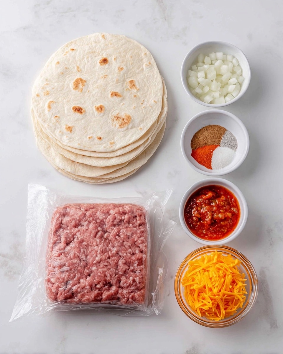 The image shows six ingredients placed separately on a white marbled surface. On the left side, there are four white tortillas stacked with light brown spots. Below them, there is a block of raw ground meat in clear plastic wrapping, with a pinkish-red color and a slightly bumpy texture. To the right, there are four small white bowls in two rows: the top row has one bowl filled with small white onion pieces and another with orange-brown spice powder; the bottom row has a bowl with red salsa containing small chunks and seeds, and a glass bowl with bright orange shredded cheese. photo taken with an iphone --ar 4:5 --v 7