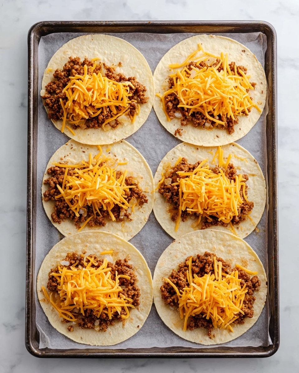 Six small round tortillas are laid flat on a baking tray lined with parchment paper, each topped with two layers of filling. The bottom layer is a brown ground meat mixed with small pieces of onion, spread mostly on the upper half of each tortilla. Below the meat, there is a layer of bright orange shredded cheddar cheese. The baking tray sits on a white marbled surface. photo taken with an iphone --ar 4:5 --v 7