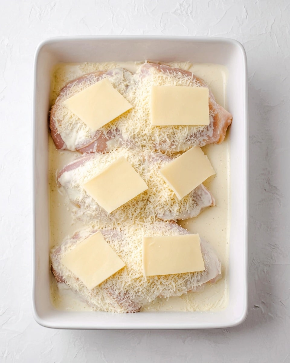 A white rectangular baking dish holds four raw chicken pieces side by side, each topped with a creamy white sauce layer covering the chicken fully. On top of each sauce layer is a single square slice of pale yellow cheese, and the dish is sprinkled with a fine, light-colored grated cheese over the slices. The background surface is white with a marbled texture. Photo taken with an iphone --ar 4:5 --v 7