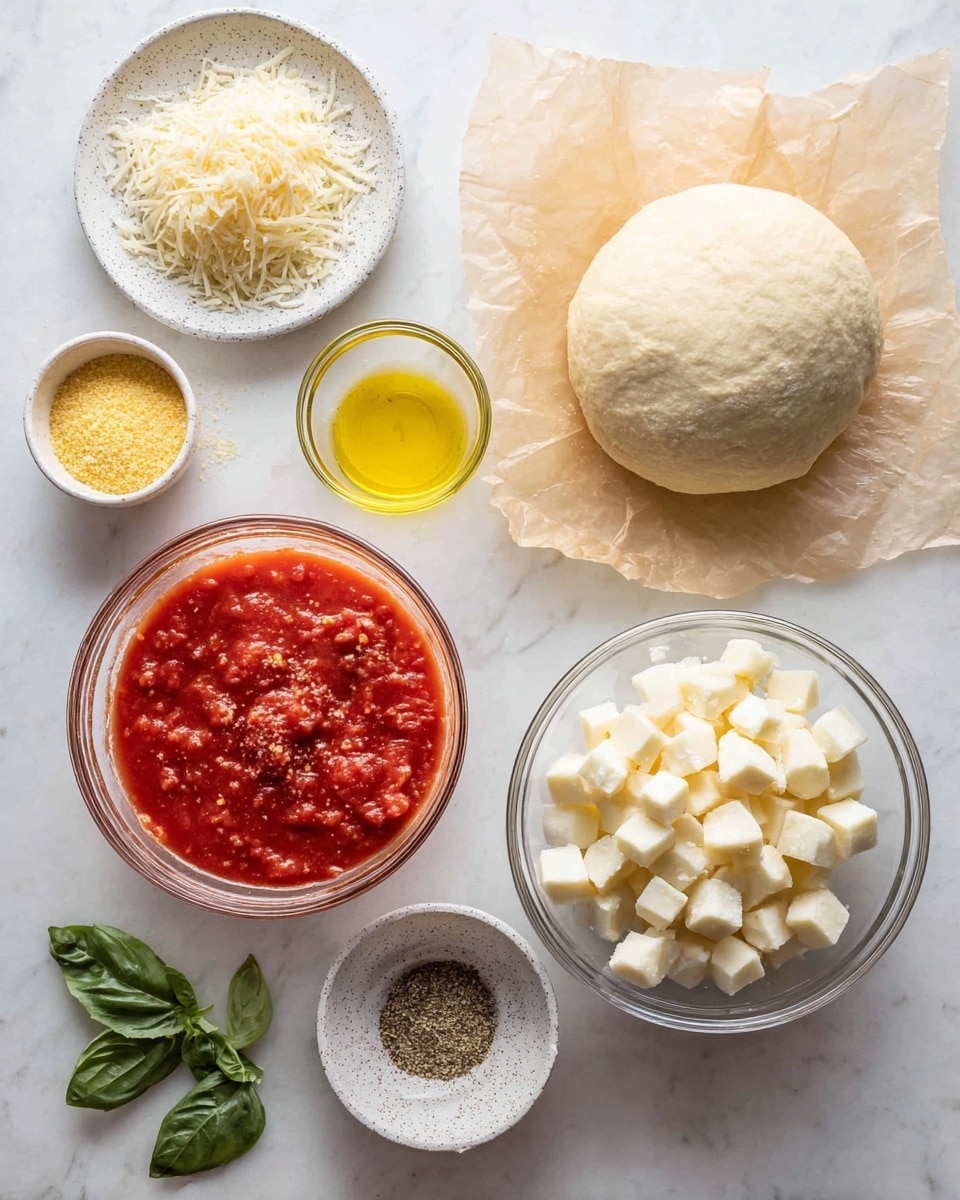 The image shows ingredients arranged on a white marbled surface. At the top right, there is a round ball of dough resting on crinkled beige parchment paper. Below the dough is a clear glass bowl filled with bright red tomato sauce with visible chunks and seasoning. To the right, there is a large clear glass bowl filled with small white cheese cubes. To the left of the cheese, there is a smaller glass bowl containing a yellow powder, likely cornmeal. Above that is a small clear glass bowl with golden olive oil. Above the olive oil, a speckled white plate holds a wedge of pale yellow cheese with a bit shredded around it. Next to the plate, a small speckled white bowl contains a mix of fine salt, pepper, and possibly dried herbs. At the bottom left corner, some fresh green basil leaves are placed on the surface. Photo taken with an iphone --ar 4:5 --v 7