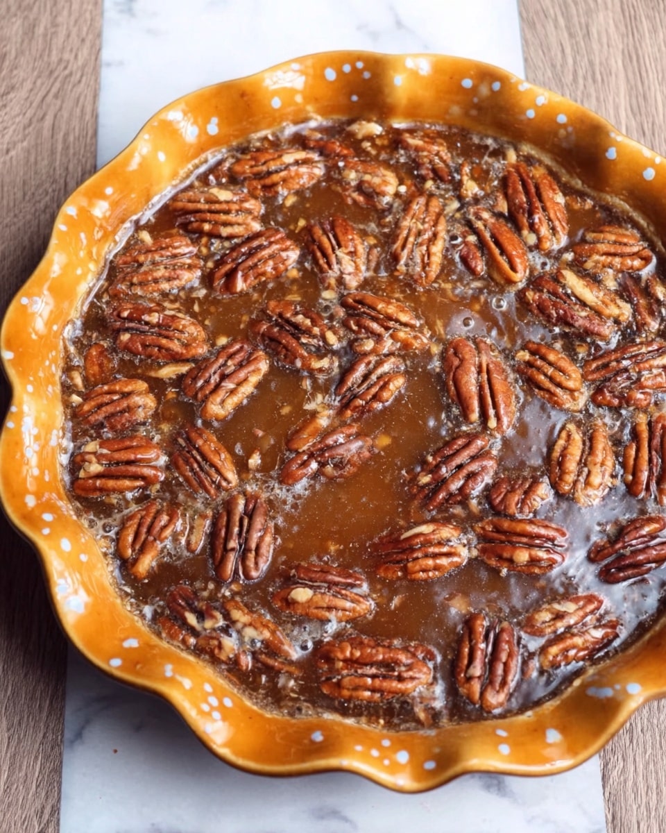 The image shows a pie with a golden brown crust shaped in wavy edges, filled with a shiny caramel layer that holds many pecan halves spread evenly on top. The crust has some white spots along the edge. The pie is placed on a white marbled surface. photo taken with an iphone --ar 4:5 --v 7