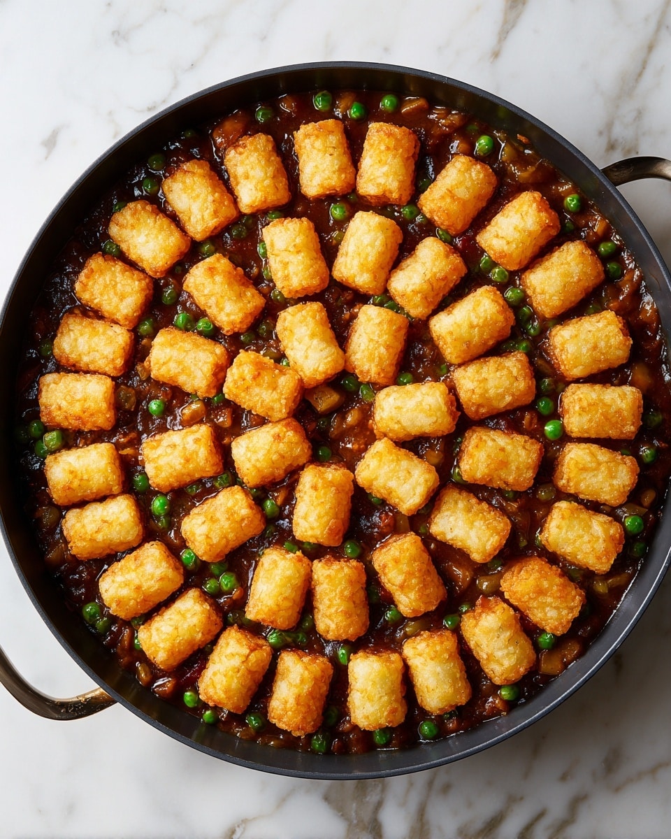 A black pan filled with a stew-like base of dark brown sauce with visible green peas and small pieces of vegetables or meat spread throughout. On top, there are three concentric circles of evenly placed light golden rectangular tater tots, arranged in a neat pattern. The pan is placed on a white marbled surface. Photo taken with an iphone --ar 4:5 --v 7