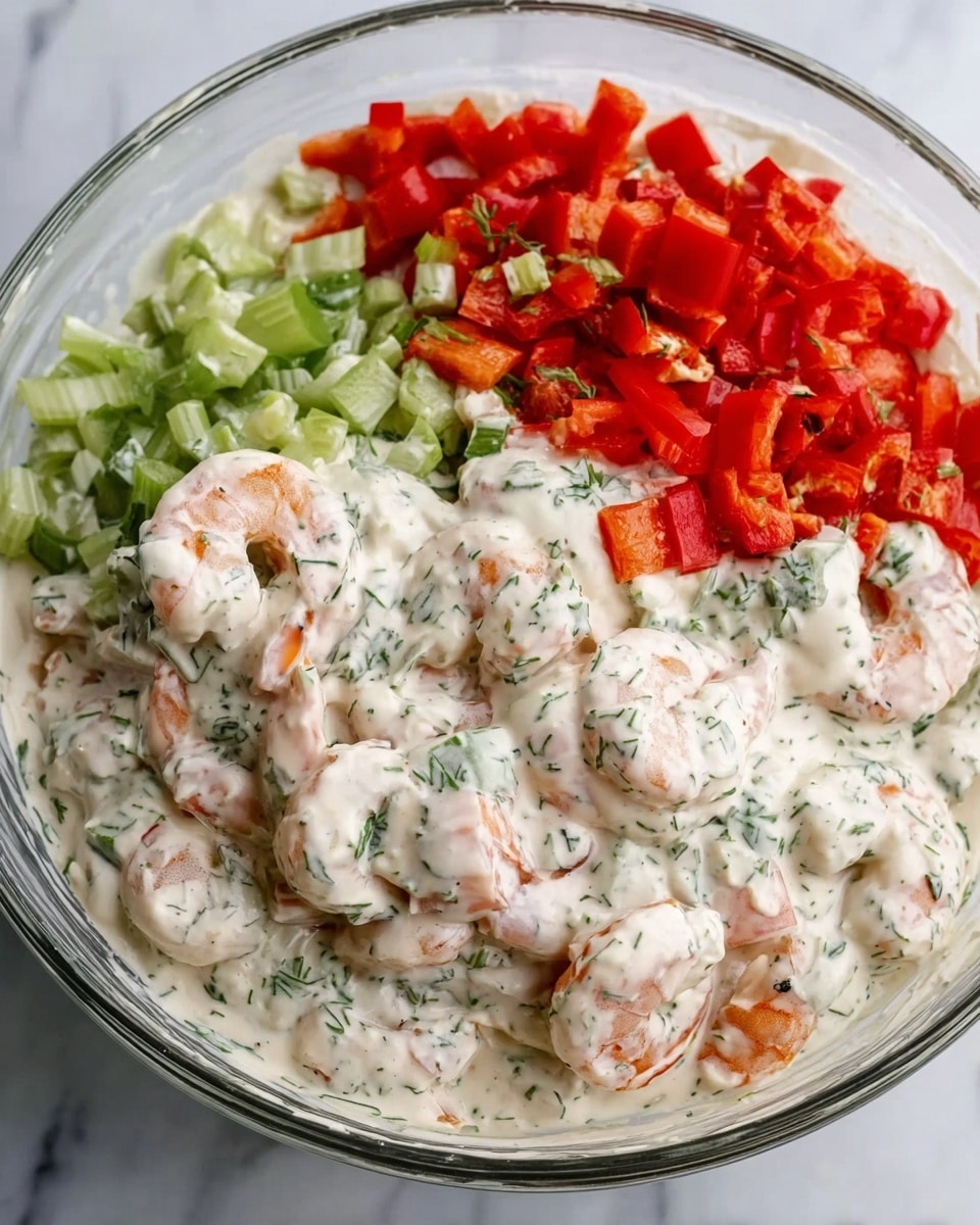 The image shows a clear glass bowl on a white marbled surface filled with creamy mixed sauce that has visible green herbs and spices. In the bowl, there are chopped red bell peppers piled on one side and finely chopped celery in the middle. Around the edges of the bowl are pink shrimp with white stripes, partially covered by the thick sauce. The textures are creamy and smooth with the fresh, crunchy pieces of vegetables visible. Photo taken with an iphone --ar 4:5 --v 7