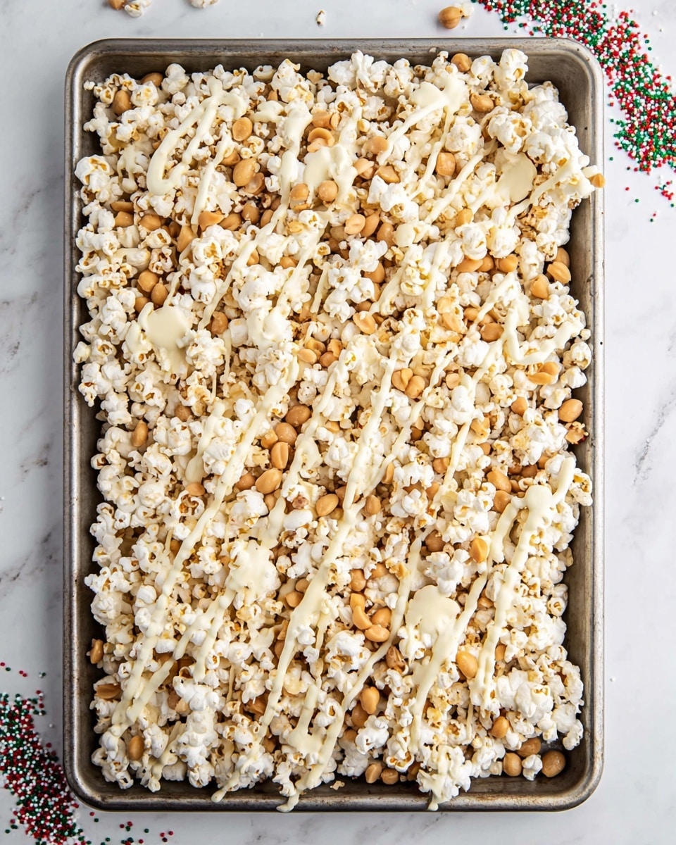 A large metal baking tray filled with a mix of white popcorn and light brown peanuts spread evenly across the surface. The top is drizzled with thin, smooth lines and small dollops of melted white chocolate, creating a textured look with glossy and matte areas. The tray is placed on a white marbled surface, with a few Christmas-colored sprinkles nearby on the upper right side. The image has bright, natural lighting that highlights the contrast between the white popcorn, brown peanuts, and white chocolate drizzles photo taken with an iphone --ar 4:5 --v 7