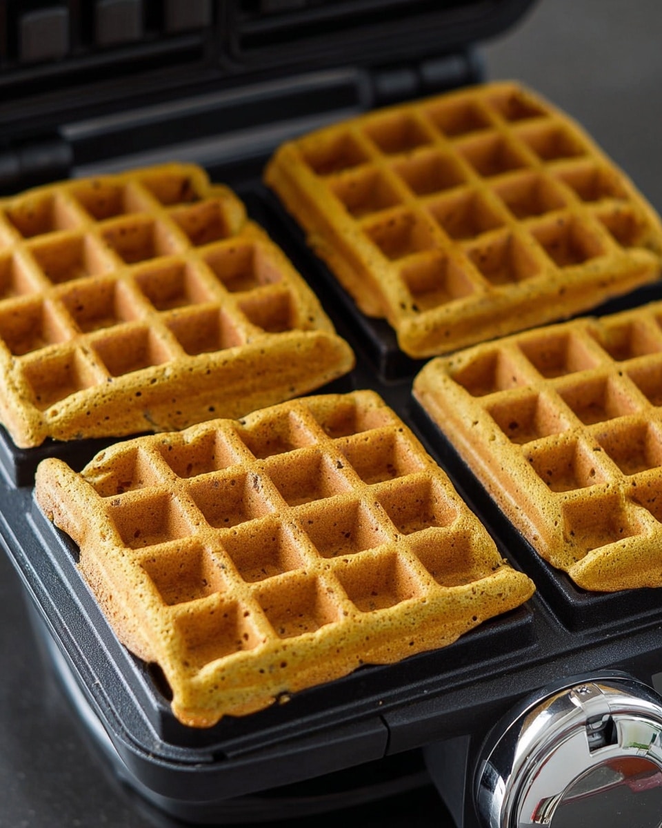 The image shows three golden brown waffles cooking in a waffle maker. The waffles have a slightly rough texture with small holes all over, and they fit neatly into the square grids of the black waffle iron. The waffle maker surface is shiny and black, with part of the silver control knob visible at the bottom right. The waffles appear soft and fresh, with a warm color that contrasts with the dark cooking appliance. Photo taken with an iphone --ar 4:5 --v 7