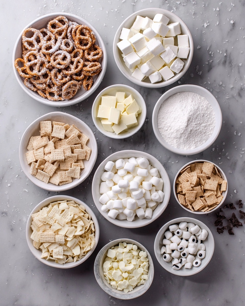 The image shows 9 white bowls arranged on a white marbled surface, each filled with different ingredients. Starting from the top left and moving clockwise, the first bowl contains light brown pretzels covered in white coating, the second bowl has blocks of white butter, the third bowl is filled with white powdered sugar, the fourth is filled with small white mini marshmallows, the fifth bowl contains light brown square cereal pieces, the sixth is filled with white coconut flakes, the seventh bowl holds small white and light yellow chips, the eighth has white candy pieces shaped like tiny cups, and the ninth contains small white and black candy eyes. The bowls are neatly positioned and the whole scene is well-lit, showing smooth and soft textures of the ingredients. Photo taken with an iphone --ar 4:5 --v 7