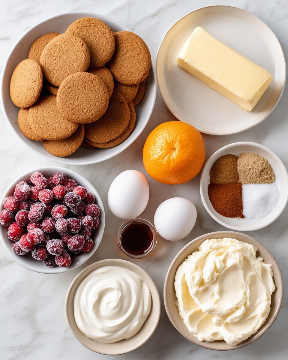 The image shows several ingredients laid out on a white marbled surface. On the top left, there is a white bowl filled with many round, brown ginger snap cookies arranged in layers. To the right, a white plate holds a stick of pale yellow unsalted butter that is partially used. Below the cookies, there is a whole bright orange orange fruit next to a small container of dark brown vanilla extract. Two white eggs sit side by side near a white bowl filled with white granulated sugar. A small beige plate holds a mix of fall spices in fine powders in shades of brown. Next to that is a white bowl of smooth white sour cream. At the bottom left, a white bowl is full of red cranberries with a light dusting of sugar on top. Finally, there is a small white plate with a thick layer of cream cheese, creamy and off-white in color. photo taken with an iphone --ar 4:5 --v 7