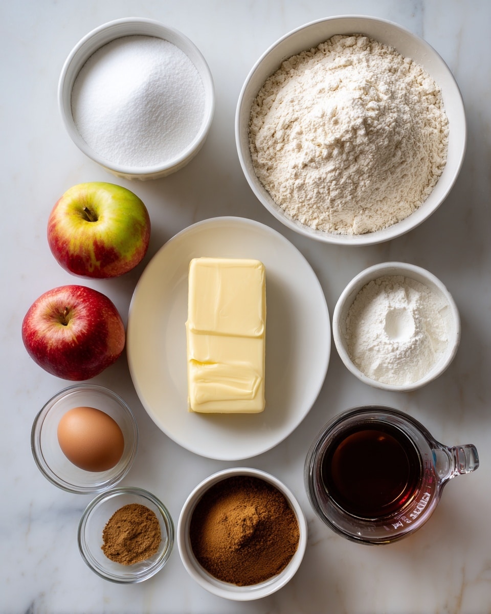The image shows several baking ingredients arranged neatly on a white marbled surface. At the top left, there is a small white bowl filled with powdered sugar, next to a larger white bowl full of flour. Below these bowls, a red apple with yellow-green near its center sits to the left of an egg that is near the center-left bottom of the image. In the middle, a white plate holds a stick of unsalted butter. To the right of the butter, there is a small clear bowl with baking powder, and below it, a small bowl containing a mix of cinnamon and nutmeg spices. At the bottom left, a small glass bowl holds vanilla extract, while next to it on the right, a white bowl is filled with dark brown sugar. At the bottom right corner, a clear measuring cup contains milk. photo taken with an iphone --ar 4:5 --v 7