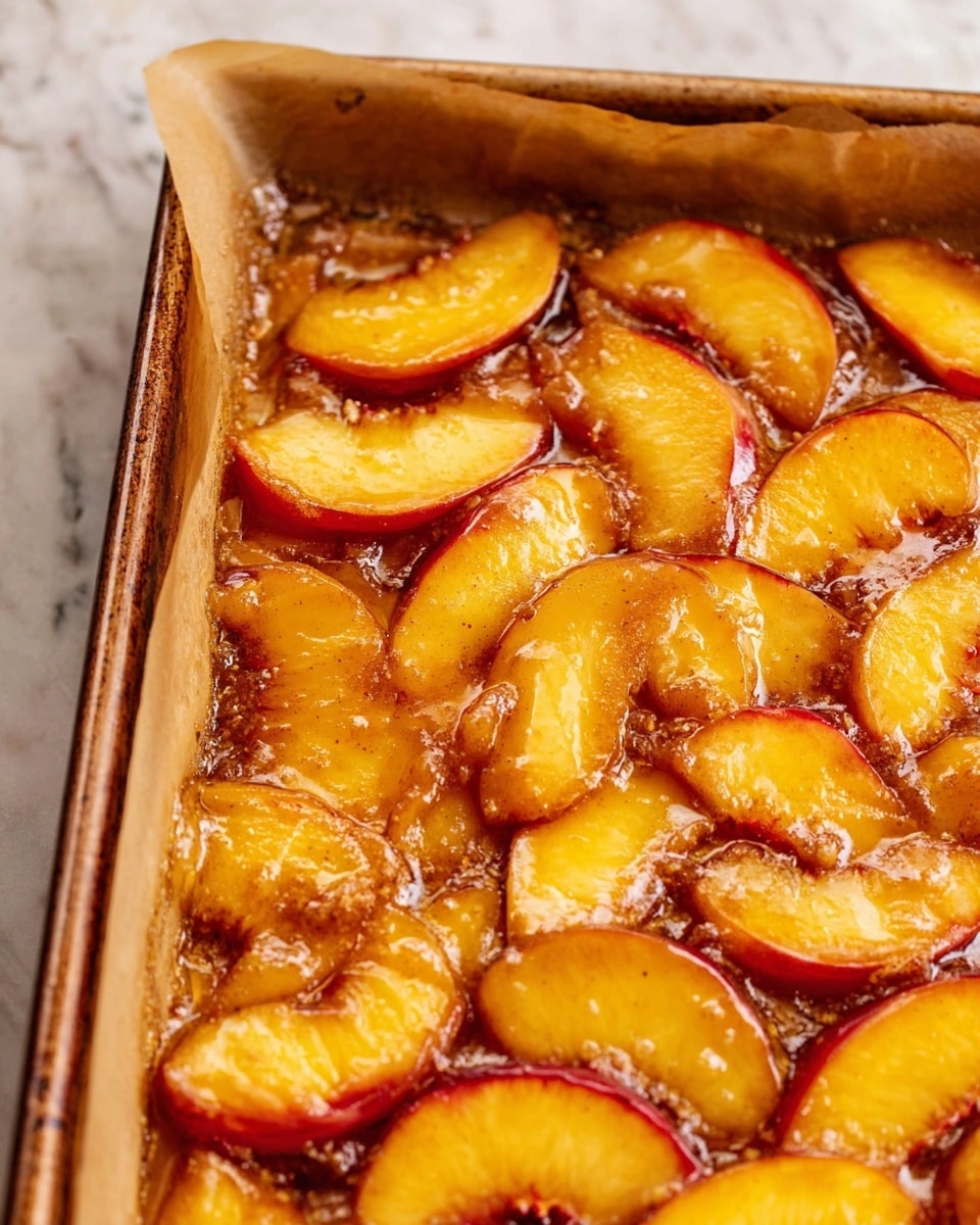 This image shows a baking tray filled with sliced peaches arranged in tight overlapping rows. The peach slices have a warm golden yellow color with reddish edges, and they look soft and juicy. A thick, glossy layer of cinnamon syrup covers the fruit, creating a sticky, shiny coating with small chunks of cinnamon visible. The tray is lined with parchment paper and sits on a white marbled surface. photo taken with an iphone --ar 4:5 --v 7