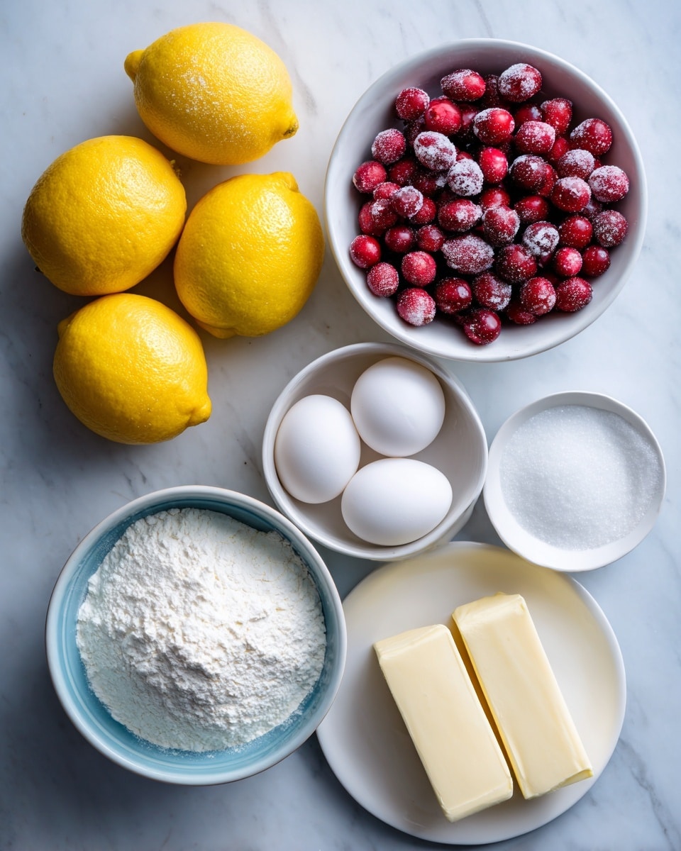 The image shows six bright yellow lemons grouped together on the top left against a white marbled background. On the top right, there is a white bowl filled with round red cranberries, some with a light frosty texture. Below, five smooth white eggs are placed in a white bowl with a blue inner surface. To the right of the eggs, a small white bowl is filled with fine white flour, and next to it, another white bowl contains granulated white sugar. At the bottom right, two long sticks of pale yellow butter rest on a white plate. Each ingredient is neatly arranged and well-lit, with soft natural light highlighting their colors and textures. Photo taken with an iphone --ar 4:5 --v 7