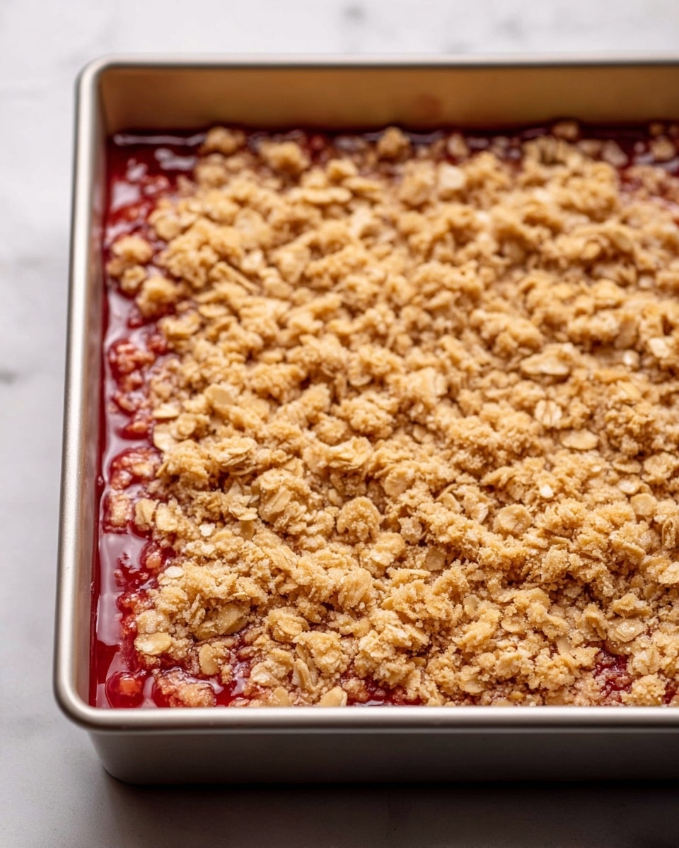 The image shows a baking dish filled with a two-layer dessert. The bottom layer is a smooth, shiny red jam spread evenly across the base. The top layer is a crumbly, golden oat mixture made of clusters and flakes, scattered loosely over the jam. The oats and crumbs have a rough texture with small chunks of different sizes. The dish is rectangular with a slight silver color, and it sits on a white marbled surface. photo taken with an iphone --ar 4:5 --v 7