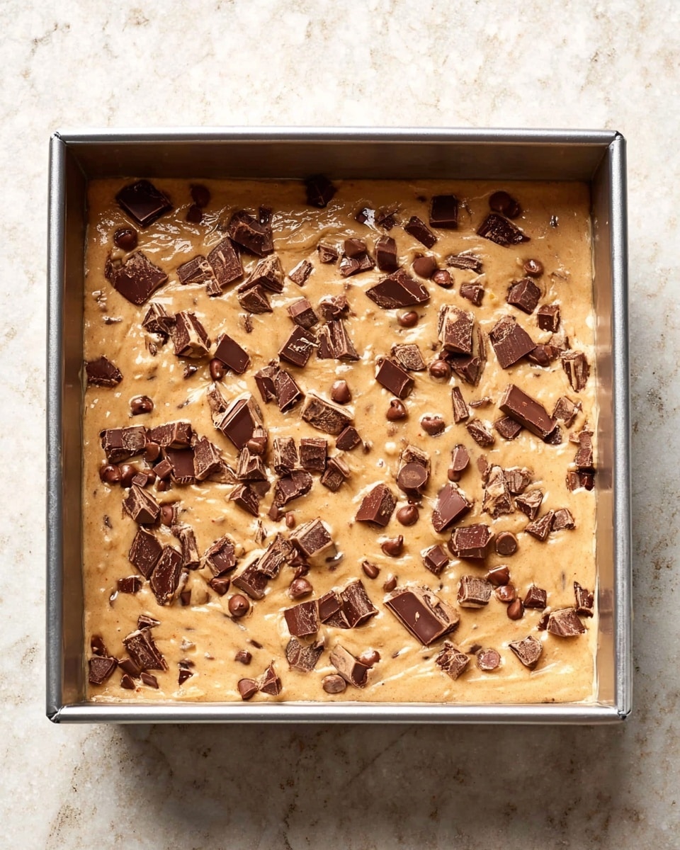 A square metal baking pan filled with one thick layer of light brown batter, spread evenly to the edges. The surface of the batter is dotted with uneven pieces of dark and milk chocolate chunks scattered randomly across. The pan sits on a white marbled textured surface. photo taken with an iphone --ar 4:5 --v 7