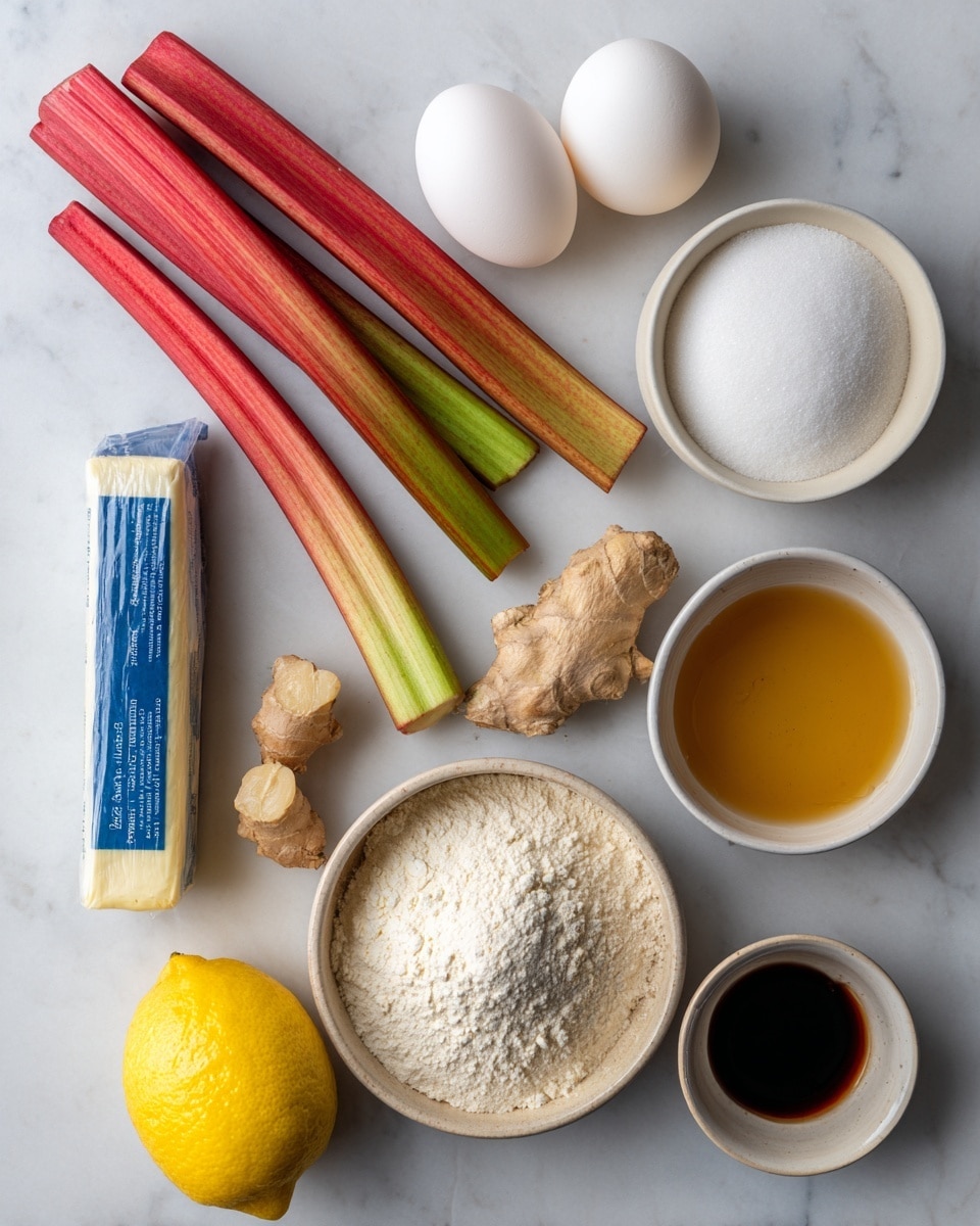 The image shows ingredients for a recipe laid out on a light white marbled surface. There are three long and thin stalks of red and green rhubarb placed diagonally on the left side. To the right of the rhubarb, three smooth white eggs are grouped together. Below the eggs, on the left, is a wrapped stick of butter in blue and white paper. Next to the butter, to the right, is a white bowl filled with white sugar. Below the sugar is a beige bowl with coarse kosher salt. To the left of the salt and sugar are two smaller objects: a small piece of knobby light brown ginger root toward the bottom left and a small cup filled with dark amber vanilla extract at the bottom center. Centered above the vanilla is a white bowl filled with white flour. A bright yellow whole lemon with slightly textured skin rests at the bottom left corner. photo taken with an iphone --ar 4:5 --v 7