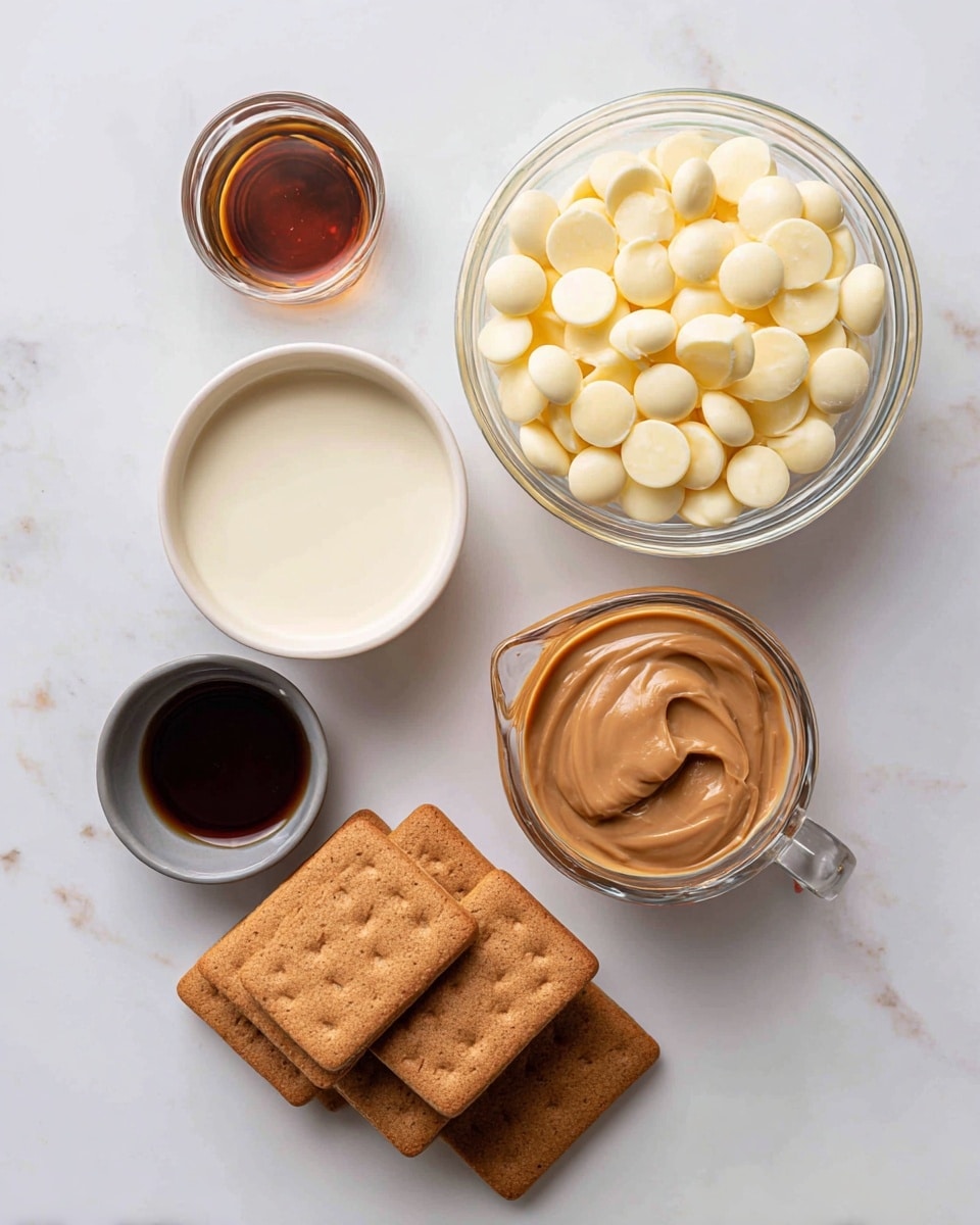 A top view of five ingredients placed on a white marbled surface: a clear glass bowl filled with small, round, pale yellow white chocolate pieces at the top center; a small white bowl with light cream-colored sweetened condensed milk to its left; a clear glass measuring cup containing smooth, light brown Biscoff spread to the right; a stack of rectangular Biscoff cookies with a golden-brown color arranged diagonally at the bottom left; and a tiny gray bowl with dark brown vanilla extract beside the cookies on the right. photo taken with an iphone --ar 4:5 --v 7