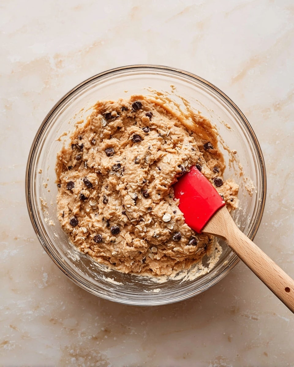 A clear glass bowl filled with thick, light brown cookie dough that has visible oats and small dark chocolate chips mixed throughout. A wooden spoon with a red silicone spatula head rests inside the bowl on the right side, slightly covered with dough. The bowl is placed on a white marbled surface. photo taken with an iphone --ar 4:5 --v 7