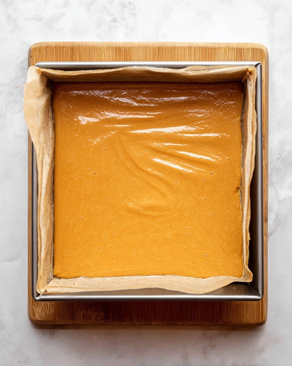 A square metal baking pan lined with light brown parchment paper holds a smooth, thick layer of light orange batter evenly spread to the edges. The pan is placed on a light wooden board, all set on a white marbled textured surface. The batter’s surface is glossy with a few tiny air bubbles and a slight gentle wave. Photo taken with an iphone --ar 4:5 --v 7