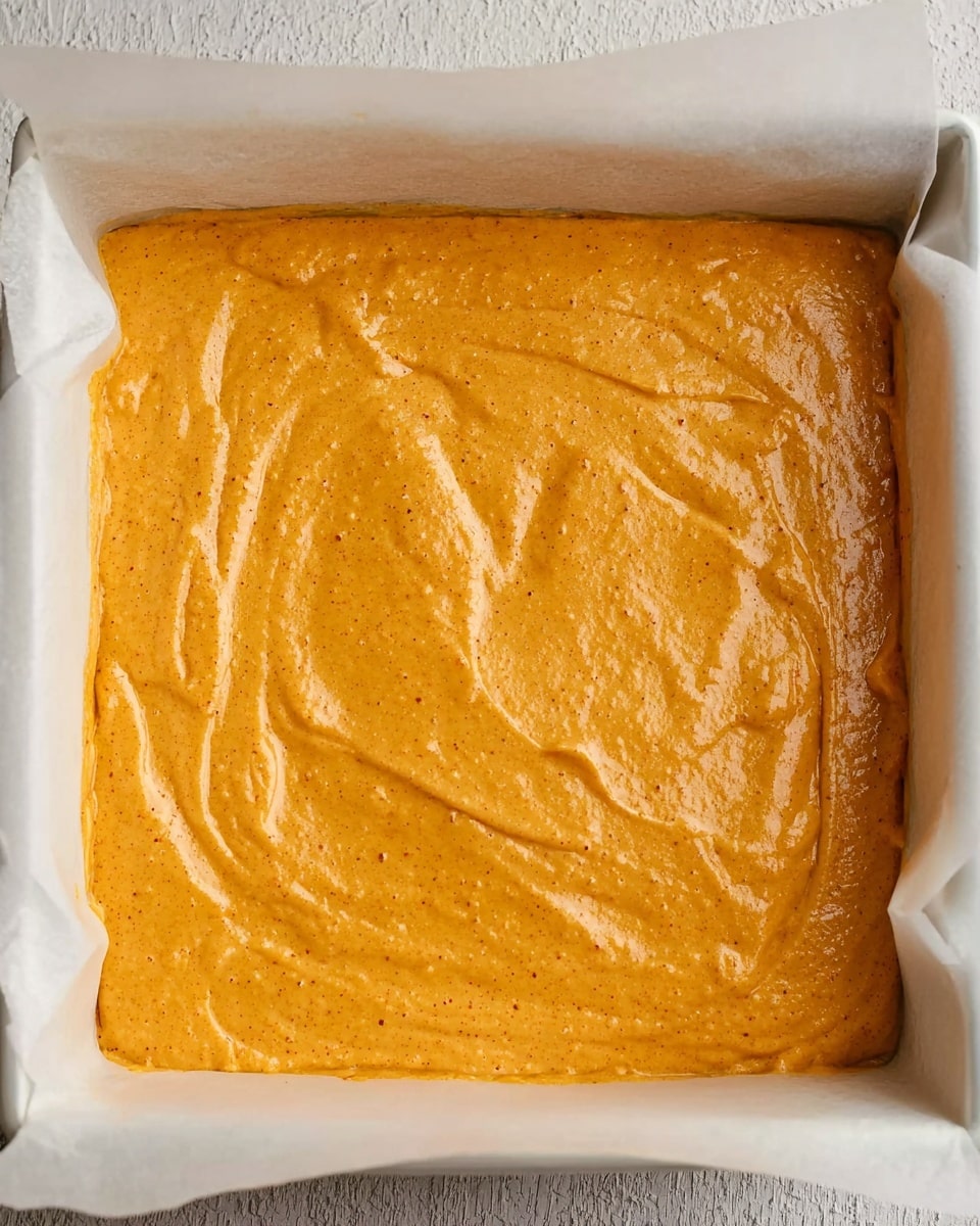 The image shows a single layer of smooth, thick orange batter spread evenly in a square white baking dish lined with parchment paper. The batter has a creamy texture with soft peaks and small air bubbles visible on the surface, giving it a light and fluffy appearance. The white marbled surface is visible around the dish. photo taken with an iphone --ar 4:5 --v 7