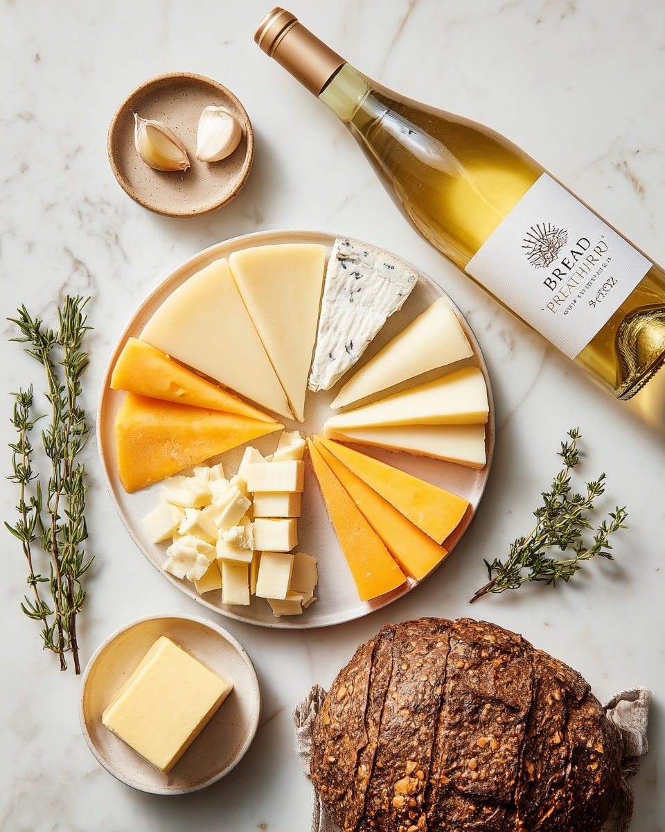 A white marbled surface holds various cooking ingredients arranged neatly: a large white round plate on the left contains several types of cheese slices and chunks in different colors like pale yellow, soft white, and light orange, arranged in segments around the plate. Near the center top is a small round beige dish with one garlic clove. To the right of the plate is a tilted bottle of white wine with a light yellow tint and a label that reads