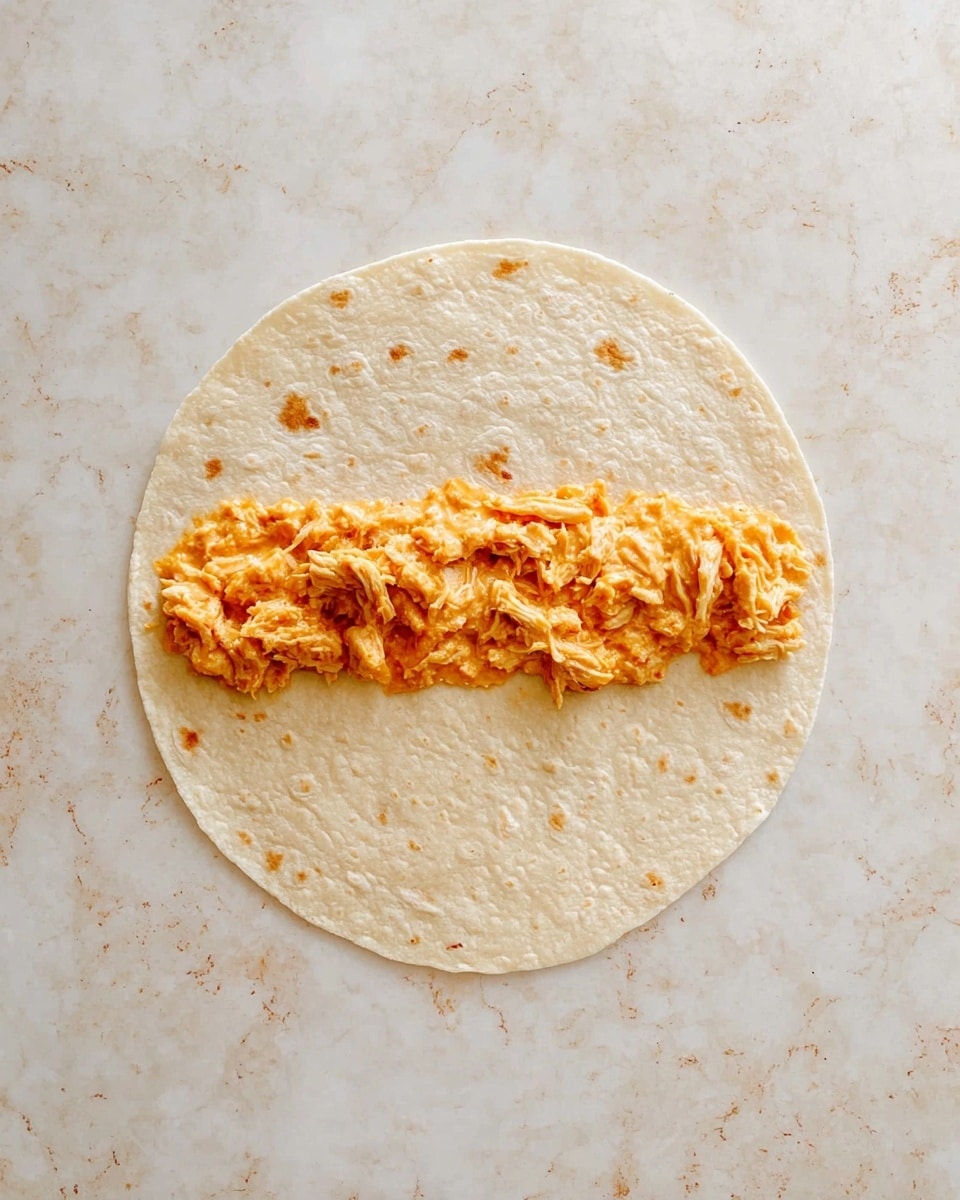 A plain light beige tortilla lies flat on a white marbled surface. One layer of shredded orange chicken mixture with a slightly creamy texture is spread in a thin, uneven strip near the bottom edge of the tortilla. The chicken pieces are small and mixed with sauce, giving them a moist look. The rest of the tortilla remains empty, showing its soft and slightly dimpled texture. photo taken with an iphone --ar 4:5 --v 7