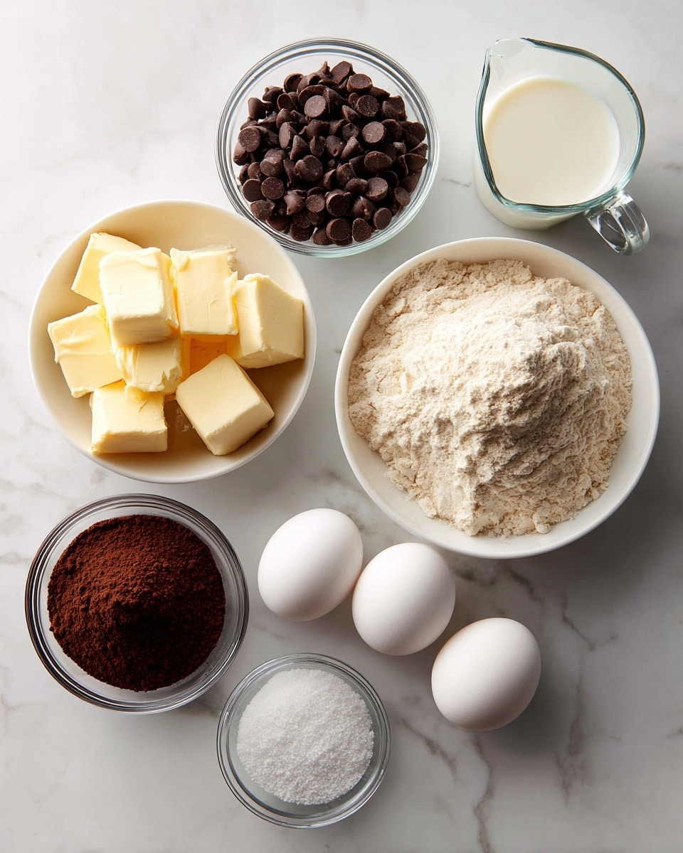 The image shows various baking ingredients placed on a white marbled surface. There are seven main items displayed: a small white bowl with several chunks of pale yellow butter, a clear glass bowl filled with small, dark brown chocolate chips, a white bowl containing a mound of light tan flour, four smooth white eggs grouped together without a bowl, a clear glass measuring cup with white milk, a small white bowl holding white sugar, and a clear glass bowl with dark brown cocoa powder. Each ingredient is clearly separated and labeled above or on top of the bowls or groups of eggs. photo taken with an iphone --ar 4:5 --v 7