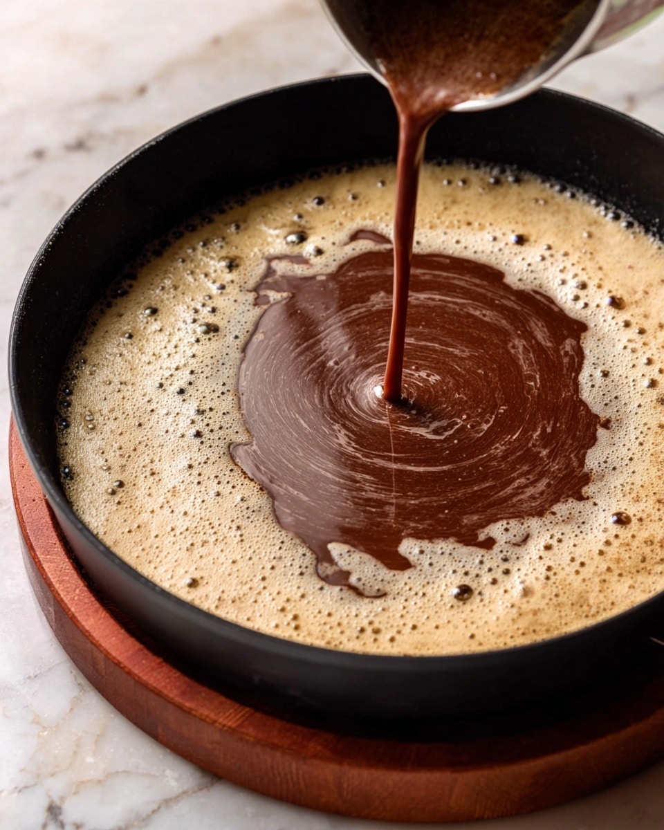 A black pan on a wooden base holds two layers of liquid; the bottom layer is light tan with bubbles around the edge, and a thick dark brown liquid is being poured into the center, swirling gently as it blends with the lighter layer. The pan and liquids are set on a white marbled surface photo taken with an iphone --ar 4:5 --v 7