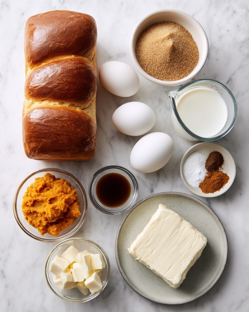 The image shows several ingredients neatly arranged on a white marbled surface. At the top left, there is a loaf of golden brown brioche bread with a soft and shiny crust. Next to it on the right, a white bowl filled with light brown, granulated brown sugar is placed. Below the sugar, there are three smooth white eggs lined up in a row. To the right of the eggs, a clear measuring cup holds white milk. Below the milk is a light gray plate with a block of cream cheese that looks smooth and soft. To the left of the cream cheese, a small glass bowl contains a cube of salted butter. Above the butter, a small white bowl holds velvety orange pumpkin puree. Next to the pumpkin puree is a tiny bowl with dark brown vanilla liquid. Above that, a small plate displays a pile of fall spices in different shades of brown and tan. All the ingredients are clearly separated and labeled. photo taken with an iphone --ar 4:5 --v 7