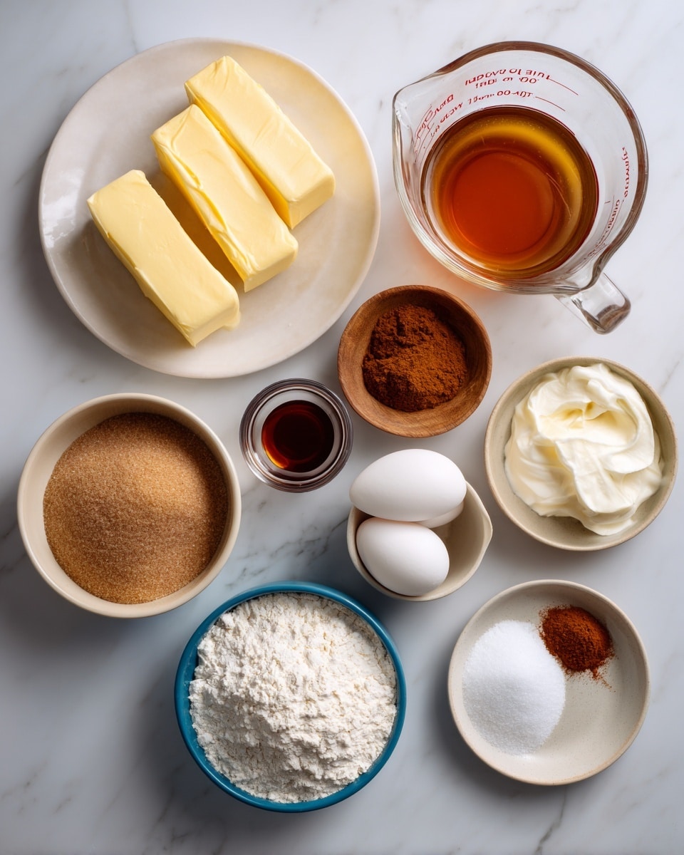 The image shows several cooking ingredients placed on a white marbled surface. On the top left, there is a white plate with two yellow sticks of butter. To the right, a clear glass measuring cup holds light amber apple cider. Below the butter, a small wooden bowl contains brown apple pie spice. Next to it, a small clear measuring cup has white heavy cream. Two white eggs sit near the center. To the right of the eggs, there is a white bowl divided into two parts: one with brown sugar and the other with white sugar. Below the eggs, a blue bowl is filled with white flour. Near the bottom center, a small beige cup contains reddish-brown vanilla extract. At the bottom right, a small white plate holds white flaky salt and a small amount of cinnamon powder. Each ingredient is neatly arranged and easy to see. photo taken with an iphone --ar 4:5 --v 7