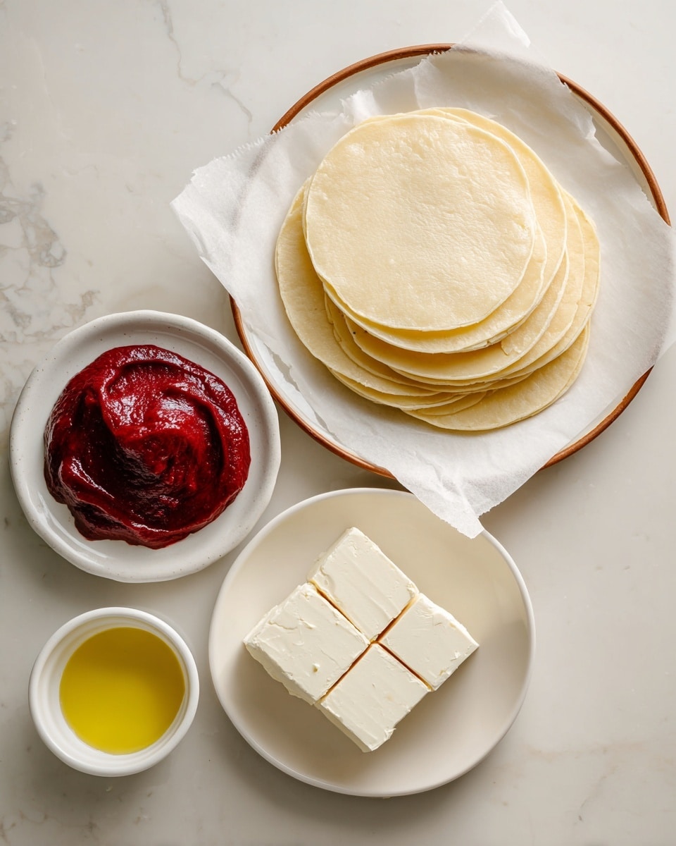 The image shows four groups of ingredients arranged on a white marbled surface. In the top right, there is a stack of round, beige empanada discs, layered neatly on white baking paper placed on a white plate with a brown rim. Below and to the left, there is a white plate filled with smooth, deep red guava paste that looks shiny and thick. To the right of the guava paste is a block of white cream cheese on a small white plate, divided into four parts with soft texture visible. At the bottom left, there is a wide white cooking pan filled with golden yellow canola oil with a clear surface. Each ingredient stands out with its own bright, smooth color and texture. photo taken with an iphone --ar 4:5 --v 7