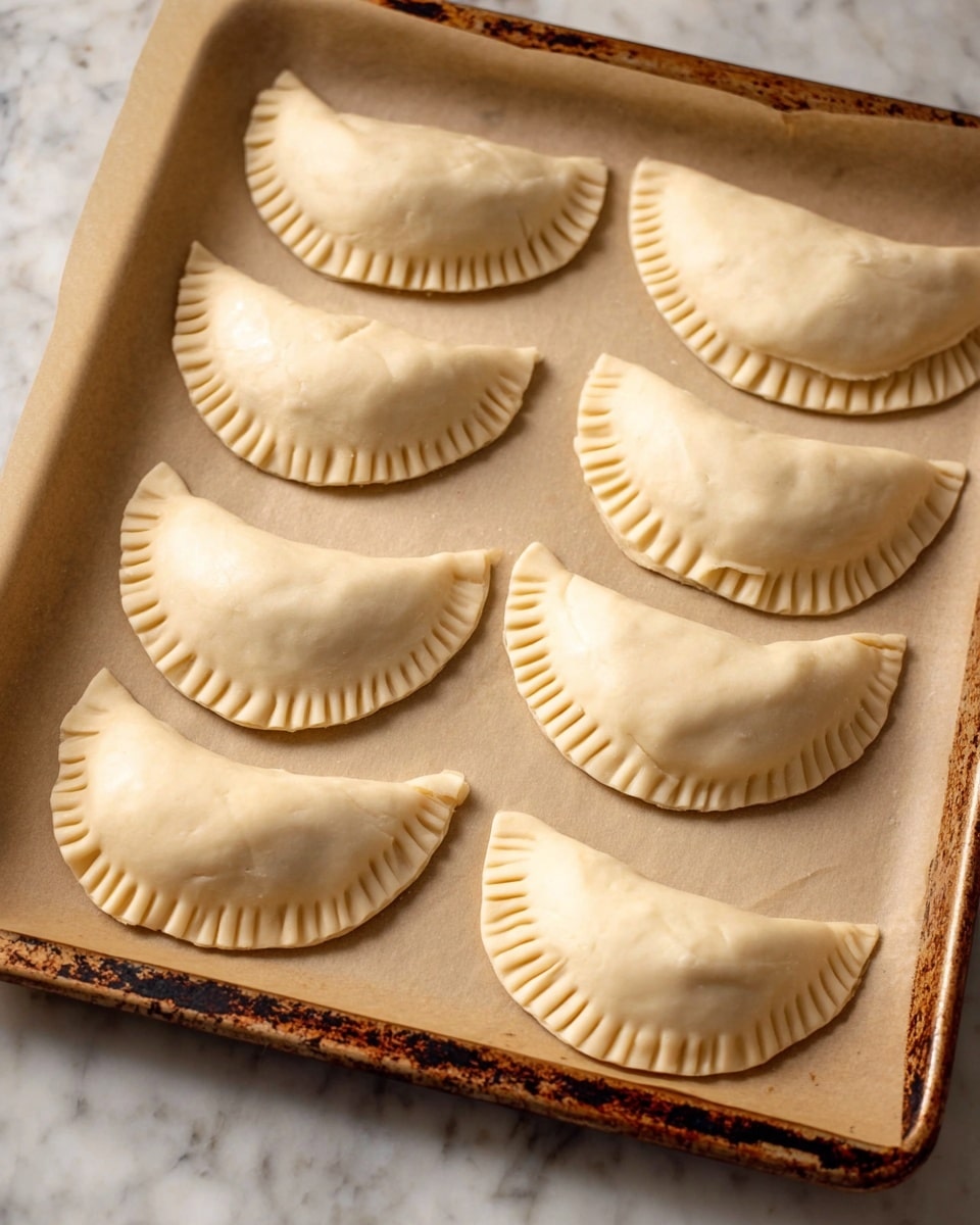 The image shows a baking tray lined with beige parchment paper holding eight uncooked empanadas arranged in two rows. Each empanada has a pale dough layer folded in a half-moon shape with a crimped edge pattern that looks like the impression of a fork, giving a textured border. The dough surface is smooth with slight bulges where the filling is inside, making each empanada slightly rounded in the middle. The tray is rustic and worn with dark spots, contrasting with the soft color of the dough and paper, all set on a white marbled texture surface. photo taken with an iphone --ar 4:5 --v 7