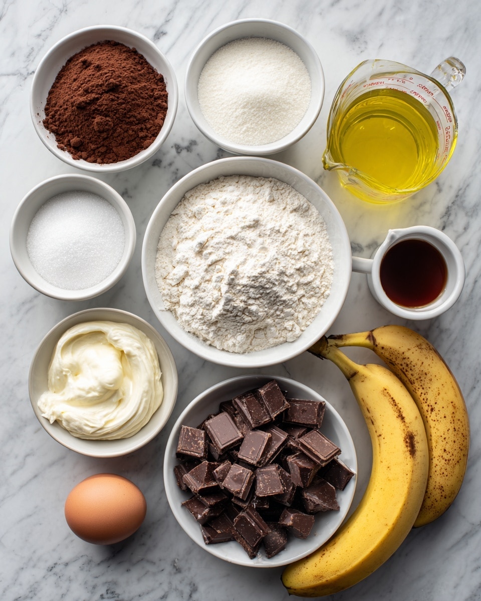 The image shows several small white bowls and cups arranged on a white marbled surface, each holding different ingredients for baking. There are dark brown cocoa powder, white sour cream with a smooth texture, and white granulated sugar in separate bowls. A bowl with white flour has a powdery texture and is larger than the others. Two bowls contain chopped semi-sweet chocolate pieces, which are dark brown and irregular in shape. A small glass measuring cup holds light yellow canola oil. There are two ripe bananas with brown spots placed next to a white egg. Finally, a small white cup contains dark brown vanilla extract. Each ingredient is labeled with clear black text on beige rectangles. Photo taken with an iphone --ar 4:5 --v 7