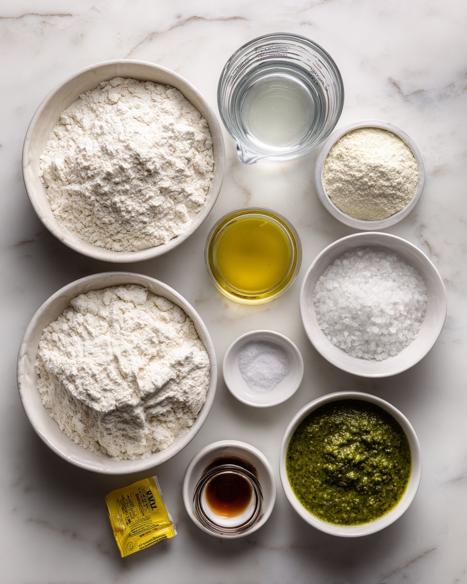 The image shows a top view of various baking ingredients arranged neatly on a white marbled surface. There are two large bowls filled with white all-purpose flour on the left and white bread flour on the right. Above the bread flour is a clear glass measuring cup filled with clear water. Below the water is a small white round dish with white kosher salt. To the right of the kosher salt is a small white bowl with flaky salt crystals. Below the salt dishes is a small measuring cup with olive oil, beside it is a small dark container with amber-colored honey. A yellow packet of instant yeast is placed near the bottom left, next to a white bowl filled with green pesto sauce. All containers are clean and organized with labeled tags above each ingredient. Photo taken with an iphone --ar 4:5 --v 7