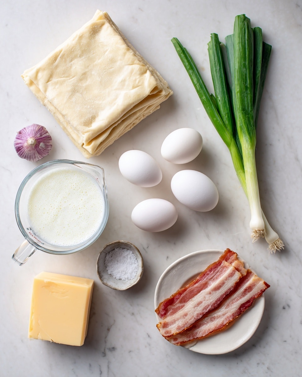 A set of ingredients is arranged neatly on a white marbled surface, including a rectangular sheet of puff pastry with a light beige color and slightly flaky texture folded in the top left corner. To its right are two fresh green scallions with white roots. Below the scallions, three white eggs with smooth shells lay together. Near the eggs is a clear measuring cup filled with white heavy whipping cream, showing a bit of froth on top. On the right side, a white plate holds three uncooked bacon strips, showing layers of pinkish-red meat and creamy white fat. A single purple garlic clove sits next to the eggs, and a small light beige bowl holds coarse salt. At the bottom, a thick block of pale yellow sharp cheddar cheese rests on a small white plate. Photo taken with an iphone --ar 4:5 --v 7