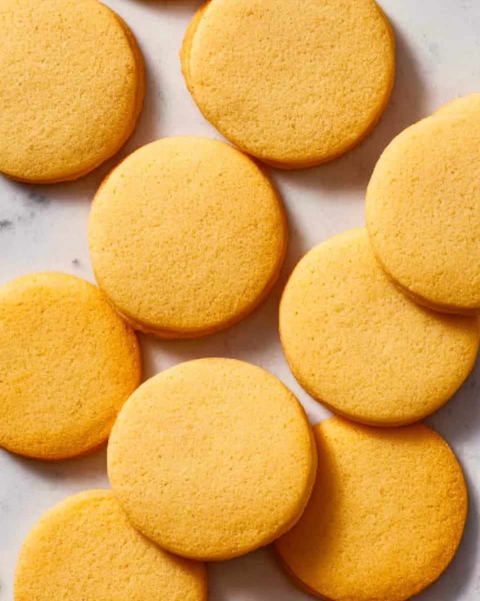 The image shows a group of round, golden-yellow cookies laid out in a random overlapping pattern on a white marbled surface. Each cookie has a smooth, slightly textured surface, with edges gently rounded, and they appear soft and lightly baked. The cookies are simple, without any decoration or layers, and their consistent color suggests a uniform baking process. photo taken with an iphone --ar 4:5 --v 7