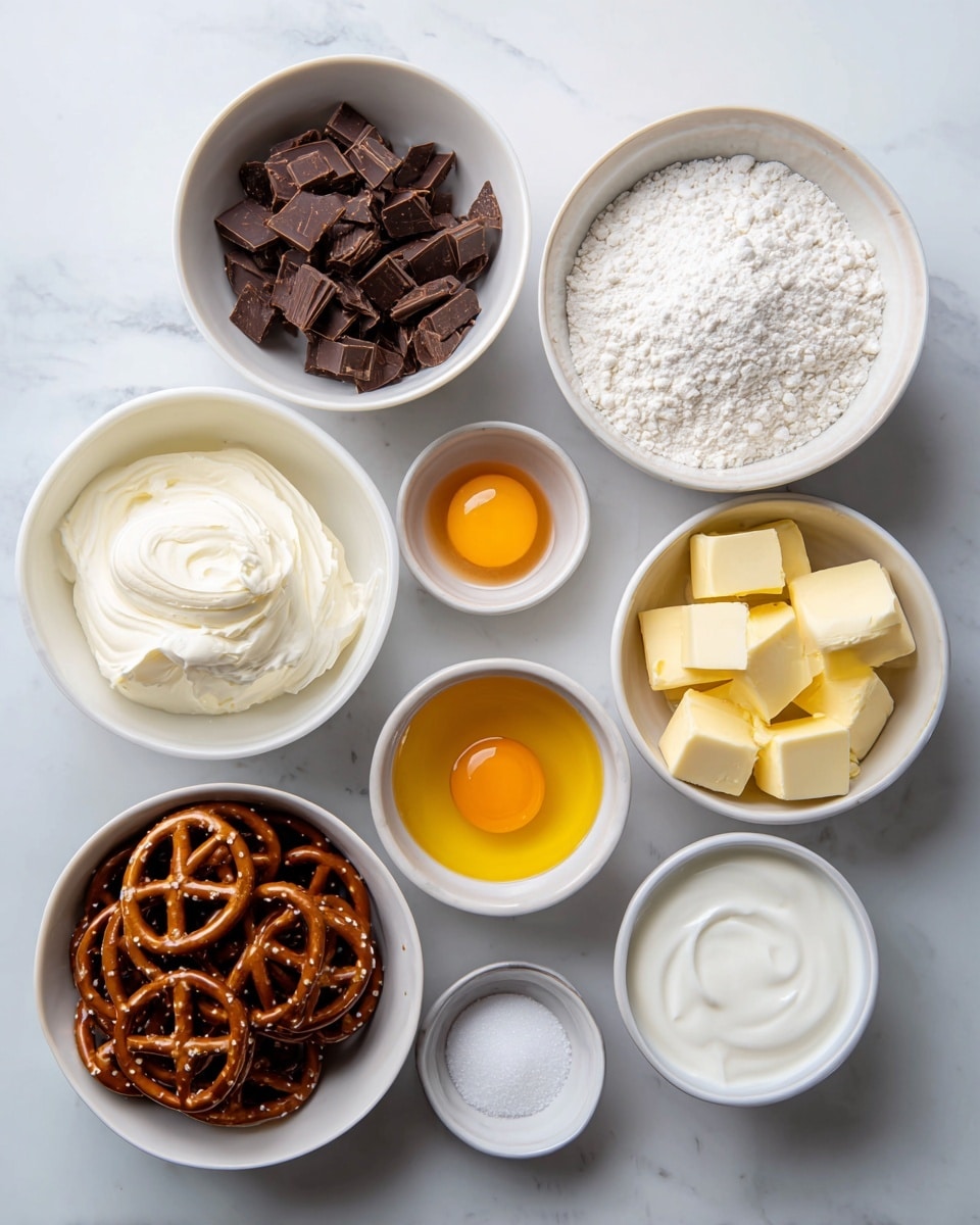 The image shows nine white bowls arranged on a white marbled surface, each holding a different ingredient. From top left to right: a bowl with chopped dark brown chocolate pieces; next to it, a bowl filled with white all-purpose flour; to the right, a bowl containing white granulated sugar. Below the chocolate is a bowl with pale yellow chunks of butter, next to a smaller bowl with a small amount of white coconut oil. Below the butter and sugar is a bowl filled with twisted candied pretzels that are dark brown and shiny. To the right of the pretzels is a small bowl holding a bright orange egg yolk. At the lower left is a medium bowl of white heavy cream, and next to it two very small bowls with white salt crystals and light brown vanilla extract. All bowls have smooth textures and the scene is bright with natural light, creating soft shadows. Photo taken with an iphone --ar 4:5 --v 7