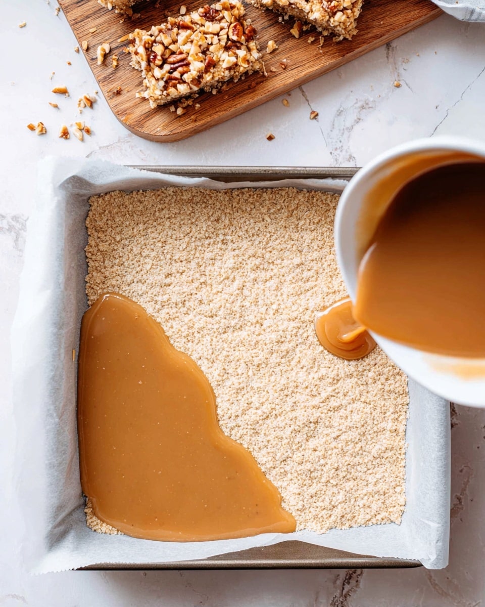 In a square baking tray lined with parchment paper, there are two visible layers: the bottom layer is a pale, crumbly oat mixture spread evenly across the tray, and the second layer is a smooth, caramel-colored liquid being poured from a white bowl on the right side, beginning to cover the oat base. To the left, there is a wooden board with chopped nuts scattered on it, positioned on a white marbled surface. Photo taken with an iphone --ar 4:5 --v 7