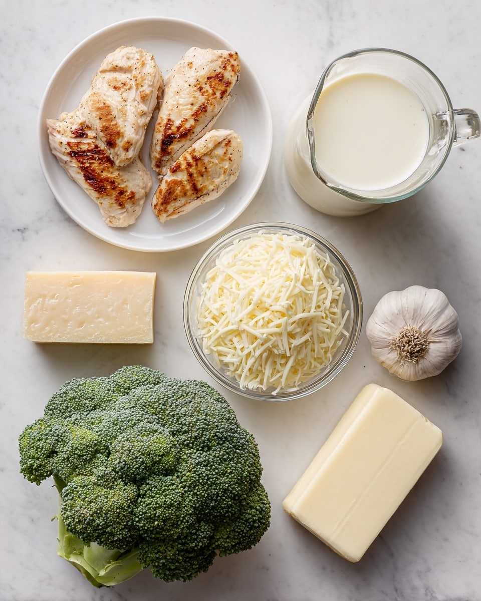 The image shows six cooking ingredients laid out on a white marbled surface. On the left, there is a white plate with three pieces of cooked chicken, each light brown with some grill marks. Next to it is a small block of pale yellow Parmesan cheese. Above that is a glass measuring cup filled with heavy cream, off-white and smooth. To the right of the cup is a small glass bowl full of shredded mozzarella cheese, creamy white and soft. Above the bowl is a fresh, bright green broccoli head with textured florets and a thick stalk. Below the broccoli is a whole garlic bulb with off-white papery skin, and to the right of the garlic is a small slab of pale yellow butter with a smooth texture. photo taken with an iphone --ar 4:5 --v 7