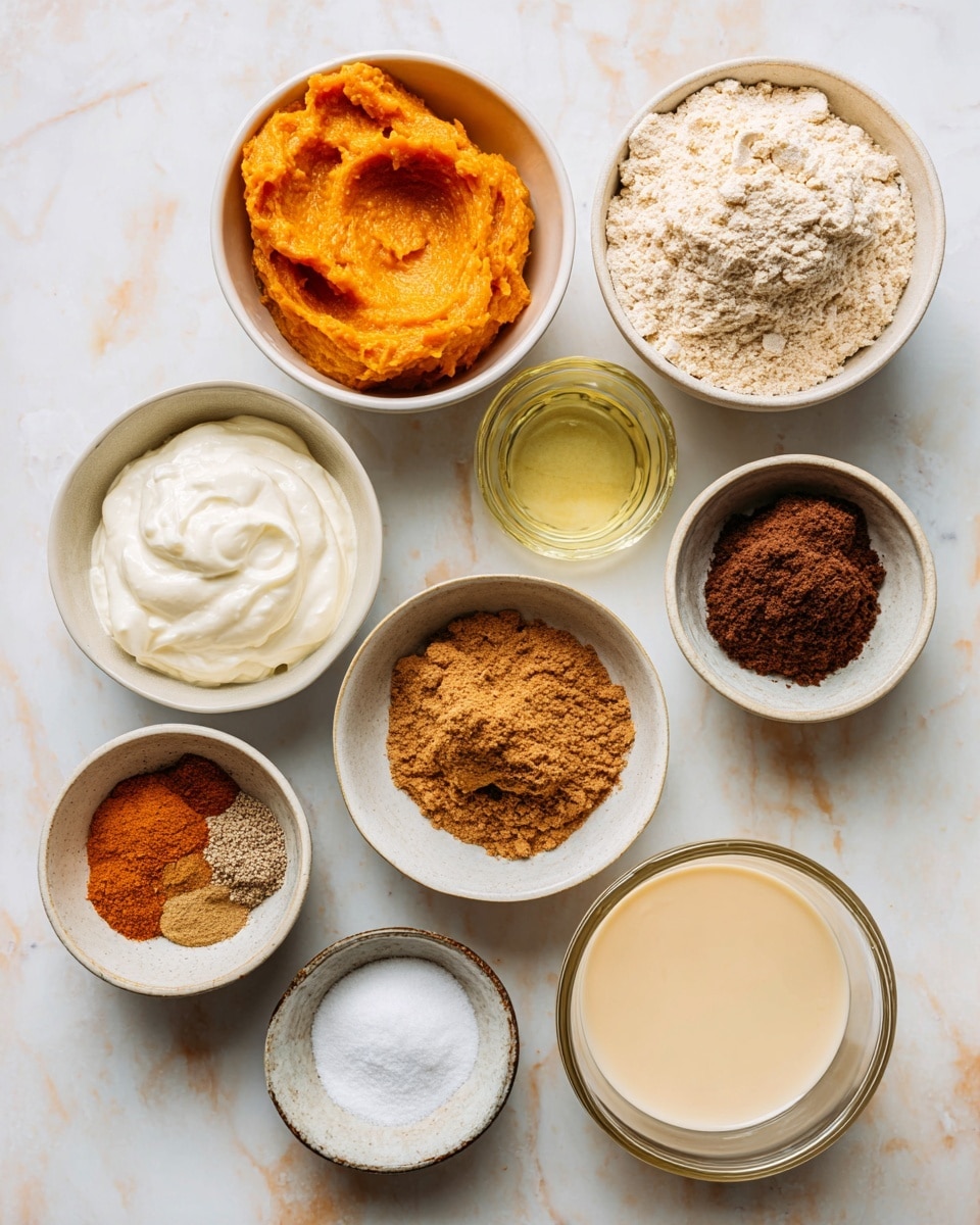 The image shows nine small white bowls arranged on a white marbled surface, each filled with different ingredients for baking. At the top right, there is a bowl filled with light beige flour, looking soft and powdery. To the left is a bowl filled with bright orange pumpkin puree with a smooth texture. Below the pumpkin puree, there is a bowl of white dairy-free yogurt with a creamy appearance. Next to it, a bowl of brown, coarse brown sugar. At the bottom left, a small bowl holds mixed spices in shades of brown and orange. Beside it is a small bowl of dark brown cocoa powder. Above the cocoa powder is a small bowl with white baking powder and soda. On the right side near the bottom, there is a cup of light beige dairy-free milk, smooth and liquid. Above it, a glass cup contains a clear pale yellow oil with a shiny surface. All ingredients are neatly arranged and clearly visible. Photo taken with an iphone --ar 4:5 --v 7