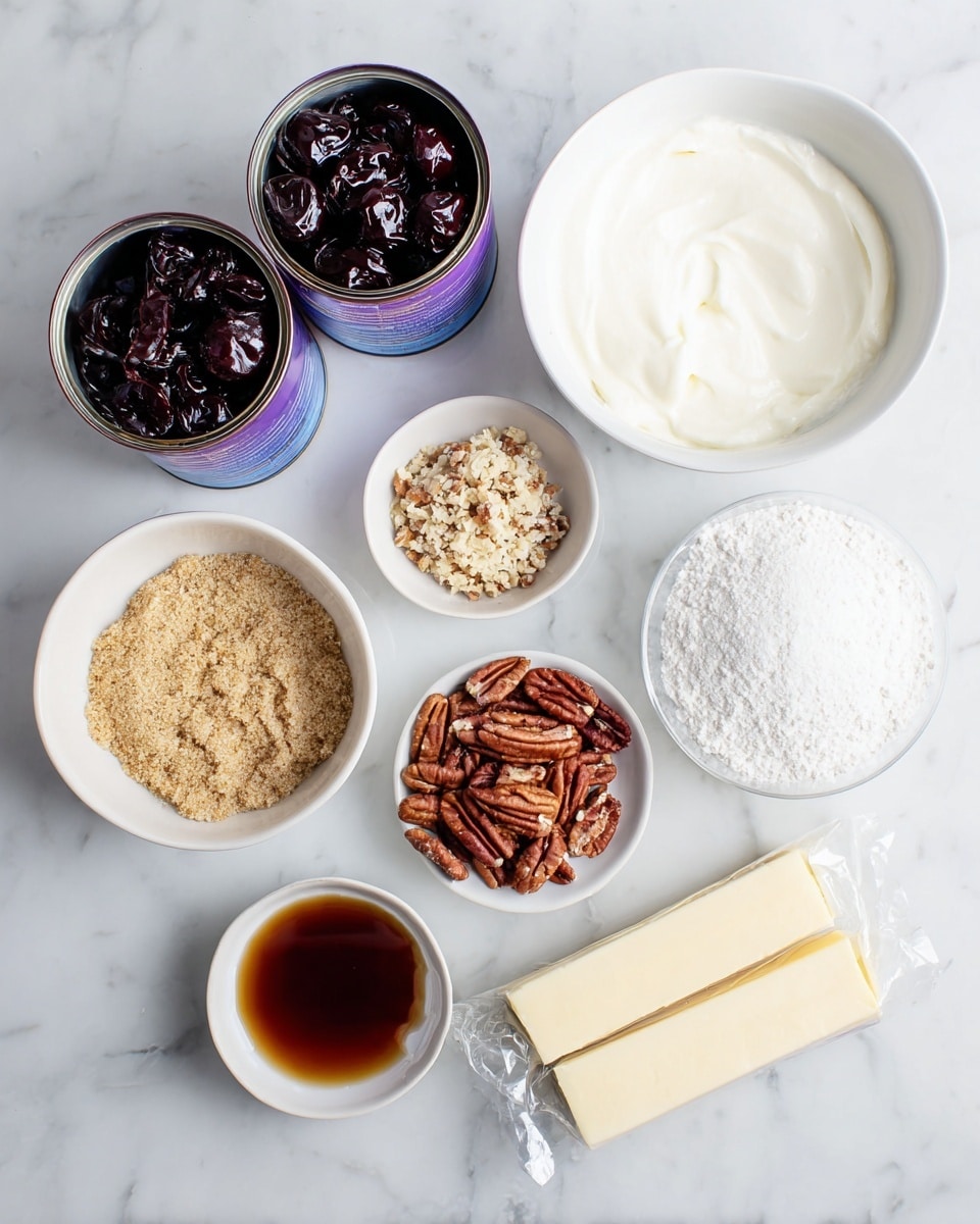 The image shows various baking ingredients on a white marbled surface. There are two open purple cans filled with dark cherry-like fruit positioned at the top left. To the right is a white bowl filled with smooth, white cream. Below the cans and cream are several smaller bowls: one with light brown crumbly crumbs, one with red-brown pecan nuts, and another filled with powdery white sugar. At the bottom right, there are two sticks of wrapped butter, one partially opened, lying beside a small white bowl holding dark amber liquid, likely vanilla extract. Photo taken with an iphone --ar 4:5 --v 7