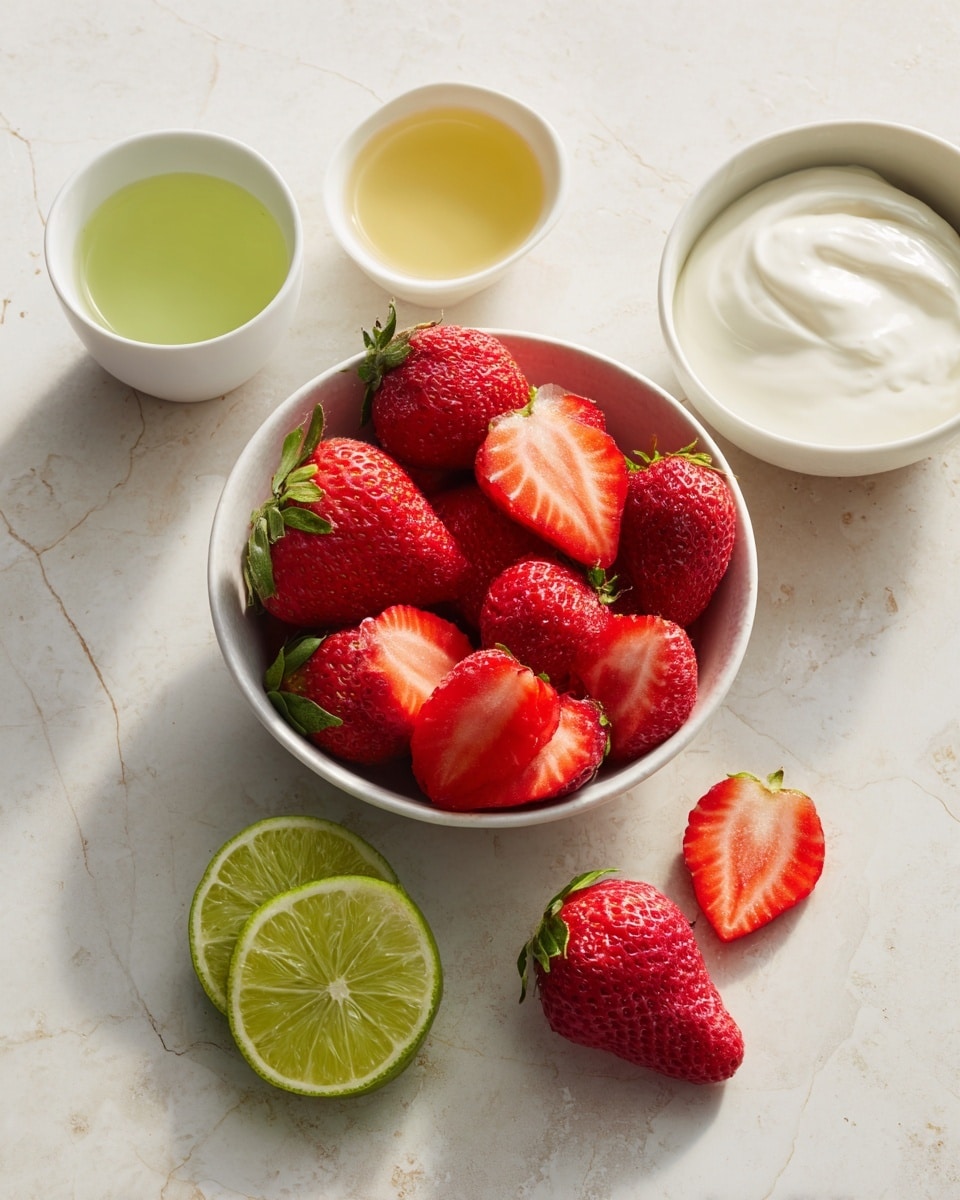 The image shows a white bowl filled with large, bright red strawberries, some whole and some sliced, placed in the center on a white marbled surface. To the right of the bowl is a white bowl of smooth, creamy white yogurt. Nearby, a single half strawberry rests on the surface. Above and to the left of the strawberry bowl are two small wedges of lime with green and yellow tones. To the far left are two small white bowls, one containing a light green liquid and the other filled with a clear golden yellow liquid. The scene is bright and fresh with natural lighting. Photo taken with an iphone --ar 4:5 --v 7