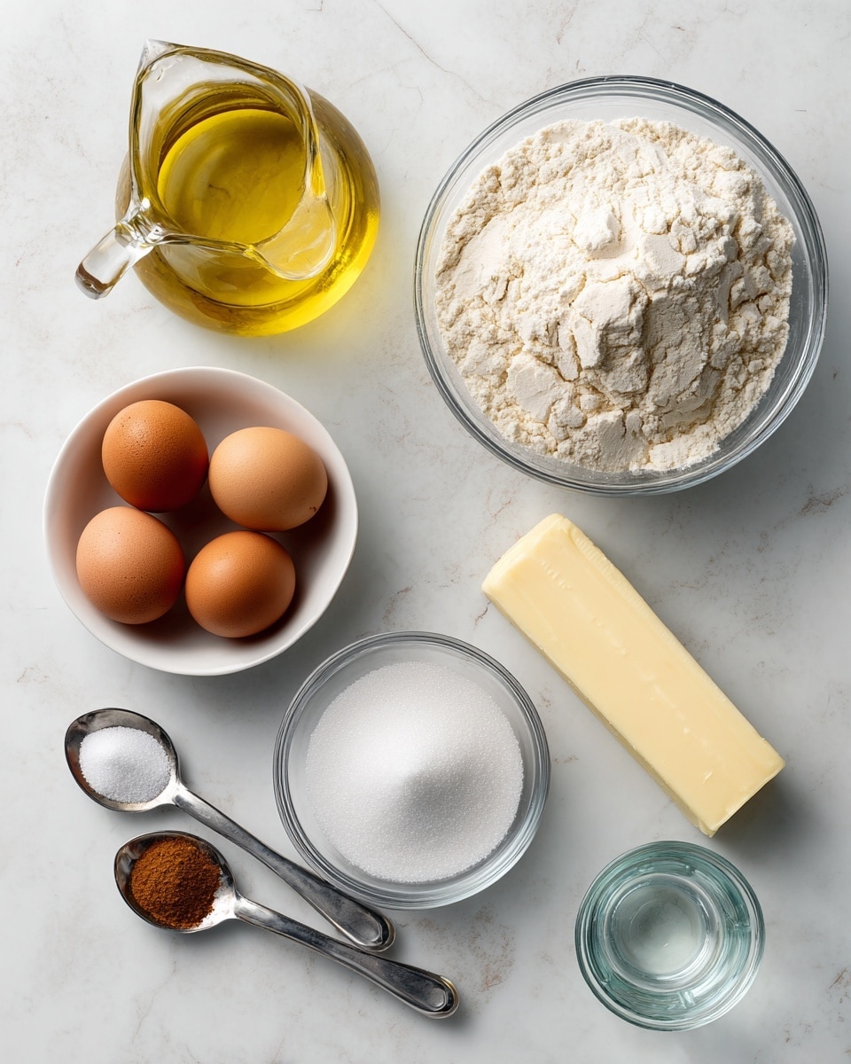 The image shows seven baking ingredients arranged neatly on a white marbled surface. In the top left corner, there is a clear glass pitcher filled with light yellow oil. To its right, a clear glass bowl holds white flour with a slightly rough texture. Below the pitcher, a small white bowl contains three brown eggs with smooth shells. Next to the eggs, a clear glass bowl is filled with white granulated sugar, which looks fine and even. At the bottom, two silver metal measuring spoons hold small amounts of cinnamon powder and small grains of salt. To the right of the spoons, a stick of pale yellow butter rests flat on the surface. Lastly, in the bottom right corner, a small clear glass cup contains a transparent liquid, likely water. The overall setup has a clean, simple, and organized look photo taken with an iphone --ar 4:5 --v 7