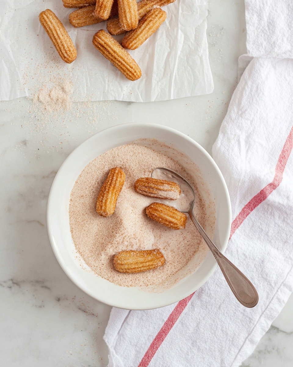 The image shows a white round plate with a layer of light brown cinnamon and white sugar mix spread inside. On top of the sugar mixture, there are seven small, golden-brown churro pieces placed unevenly, with one churro piece sitting on a silver spoon resting inside the plate, partially covered in the sugar mix. Above the plate, on a white paper towel, more churro pieces are scattered. To the right side, there is a white cloth with thin red lines. The whole setting is on a white marbled surface. Photo taken with an iphone --ar 4:5 --v 7