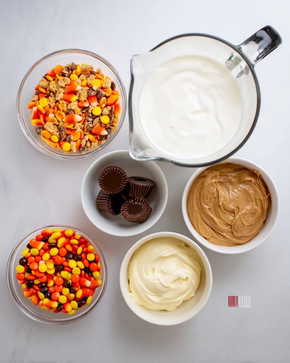 The image shows six clear glass and white bowls arranged on a white marbled surface. At the top center is a large clear glass measuring cup filled with white cream. To its right is a white bowl with two black handles filled with smooth brown peanut butter. Below the peanut butter bowl is a smaller white bowl filled with pale yellow cream. To the left of that is a small clear glass bowl holding mini dark brown chocolate cups. Above this bowl is another clear glass bowl filled with orange, yellow, and brown sprinkles. At the bottom left corner is a smaller clear glass bowl filled with orange, yellow, and brown candy-coated chocolates. The overall arrangement creates a neat layout of ingredients. Photo taken with an iphone --ar 4:5 --v 7