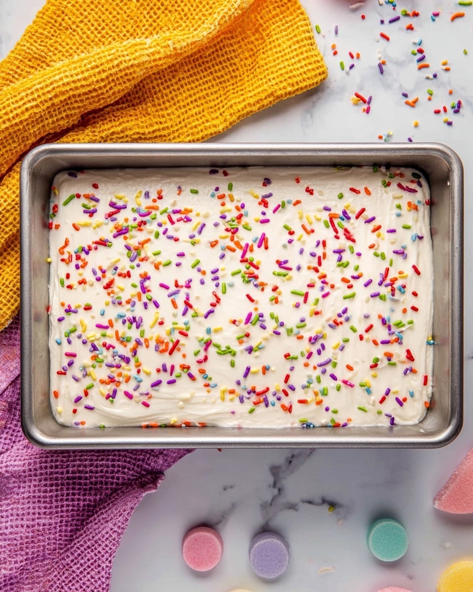 A rectangular cake pan filled with one thick layer of white frosting sprinkled with small, colorful round and rod-shaped sprinkles in red, green, purple, orange, and blue. The pan is metallic and placed on a white marbled surface. Various colorful kitchen items surround the pan, including a yellow textured cloth in the upper left corner, and some pastel-colored circular candies or decorations below the pan. photo taken with an iphone --ar 4:5 --v 7