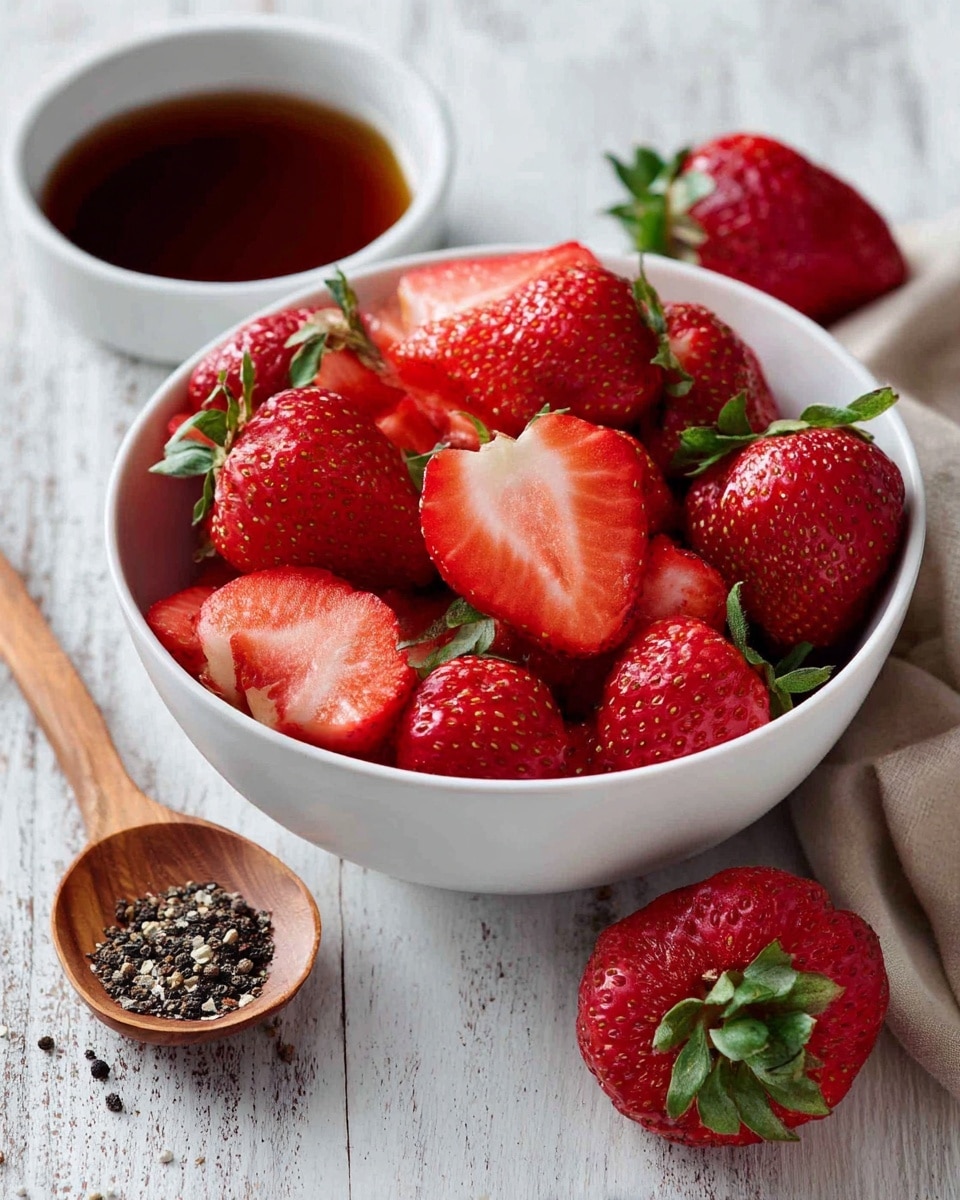 A white bowl filled with whole and halved bright red strawberries, showing their textured surface and white inner flesh. The bowl is placed on a wooden surface with three whole strawberries next to it, one having a green leafy top. Nearby there is a small wooden spoon with black pepper and a small white bowl filled with a dark brown liquid. The background is replaced with a white marbled texture. photo taken with an iphone --ar 4:5 --v 7