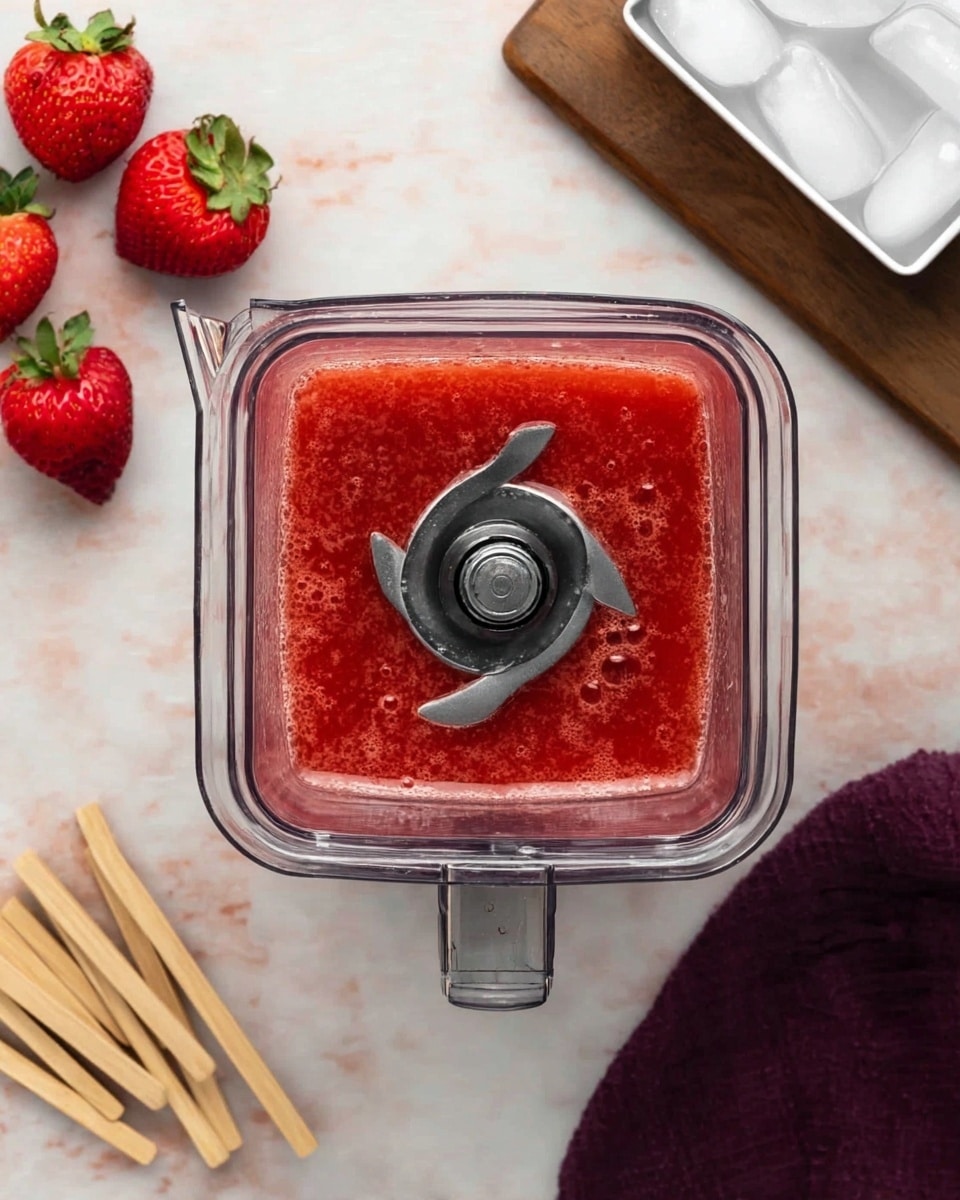 A clear blender container viewed from above contains a single layer of bright red, slightly textured strawberry puree with tiny bubbles on the surface next to the silver blades in the center. The blender is placed on a white marbled surface. To the left, three whole bright red strawberries with green tops are arranged vertically, and below them, there are small wooden craft sticks stacked loosely. On the right side, a folded dark purple cloth is partly visible and a white ice cube tray is seen in the top corner. Photo taken with an iphone --ar 4:5 --v 7