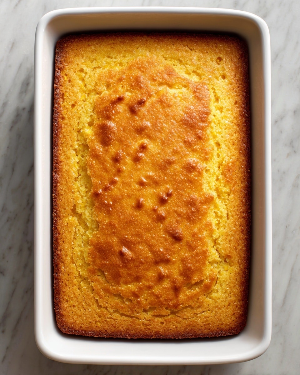 A rectangular white baking dish holds a single layer of golden-brown baked cornbread. The top surface is evenly browned with a slightly textured, crisp look and some small darker spots scattered across. The cornbread fills the baking dish fully, with clean straight edges all around. The dish is placed on a white marbled surface. photo taken with an iphone --ar 4:5 --v 7